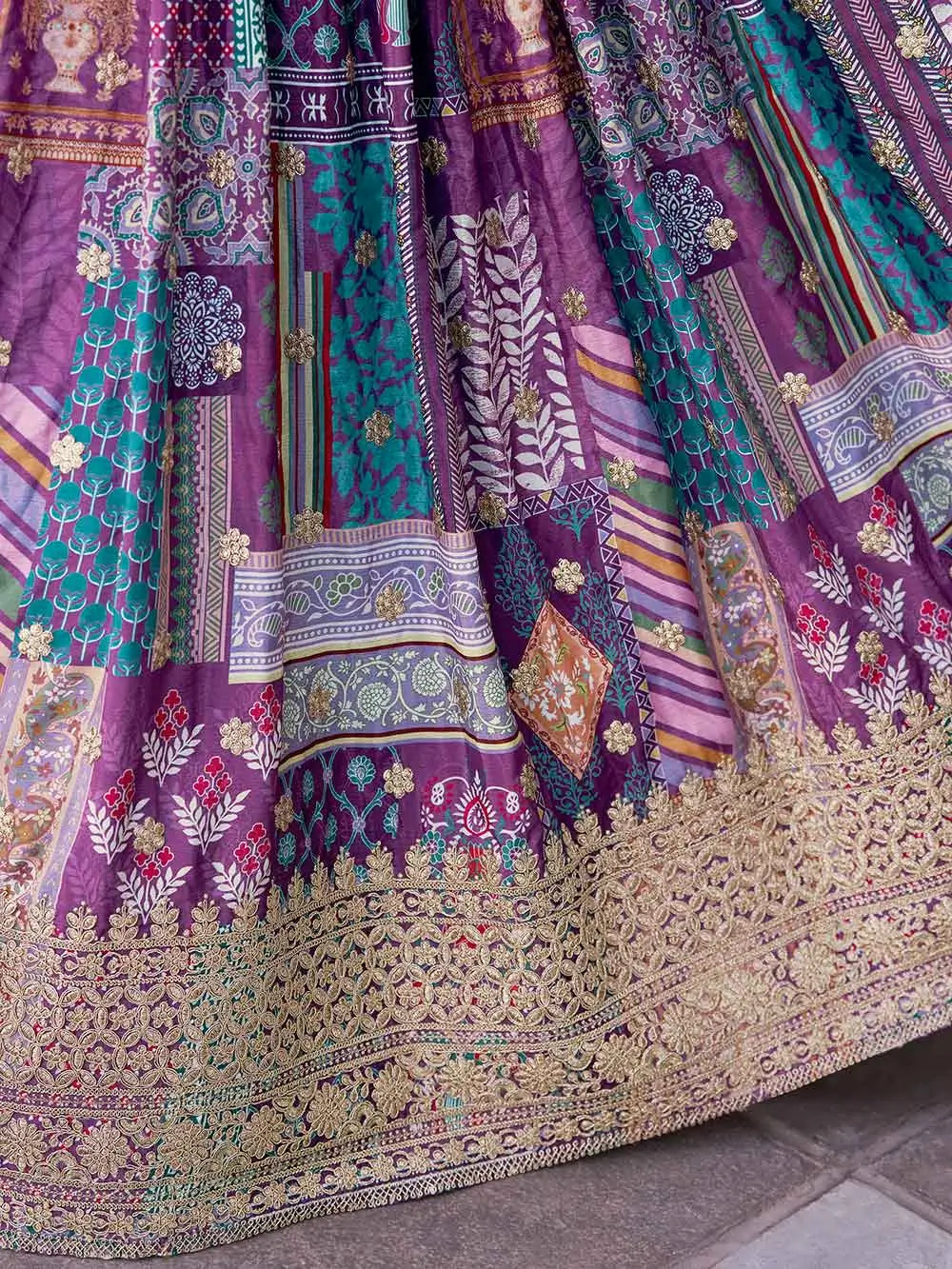 Purple Digital Print And Embroidery Work Lehenga With Choker Style Dupatta - qivii