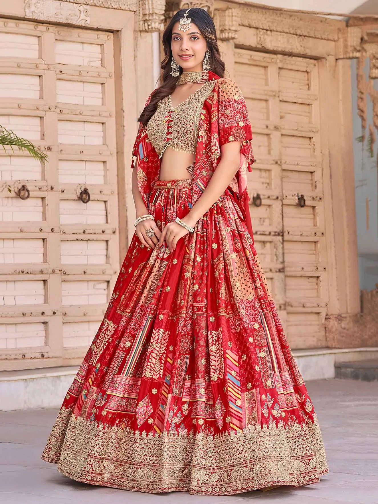 Red Silk Lehenga With Digital Print And Embroidery Work With Stylish Blouse - qivii