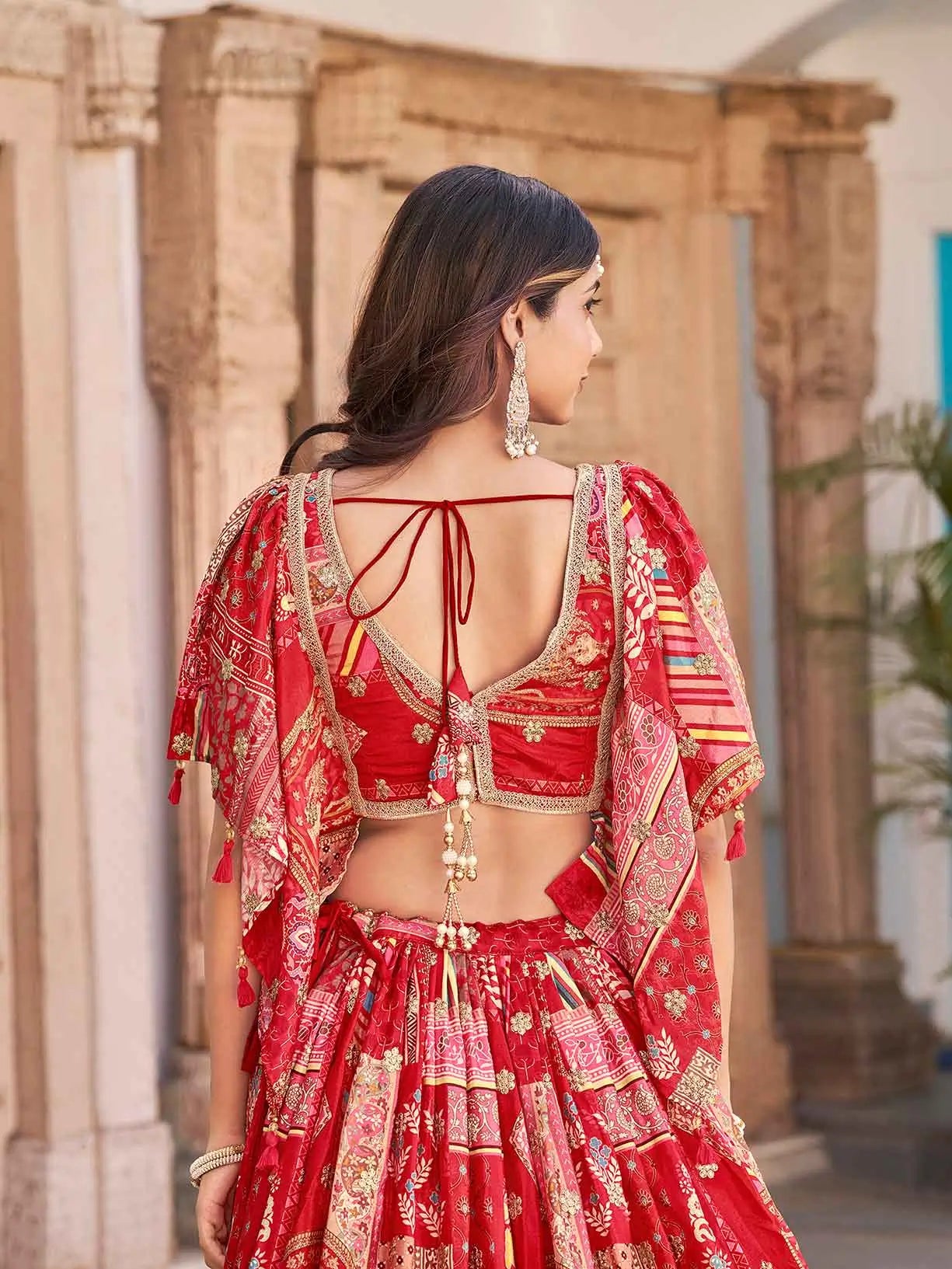 Red Silk Lehenga With Digital Print And Embroidery Work With Stylish Blouse - qivii