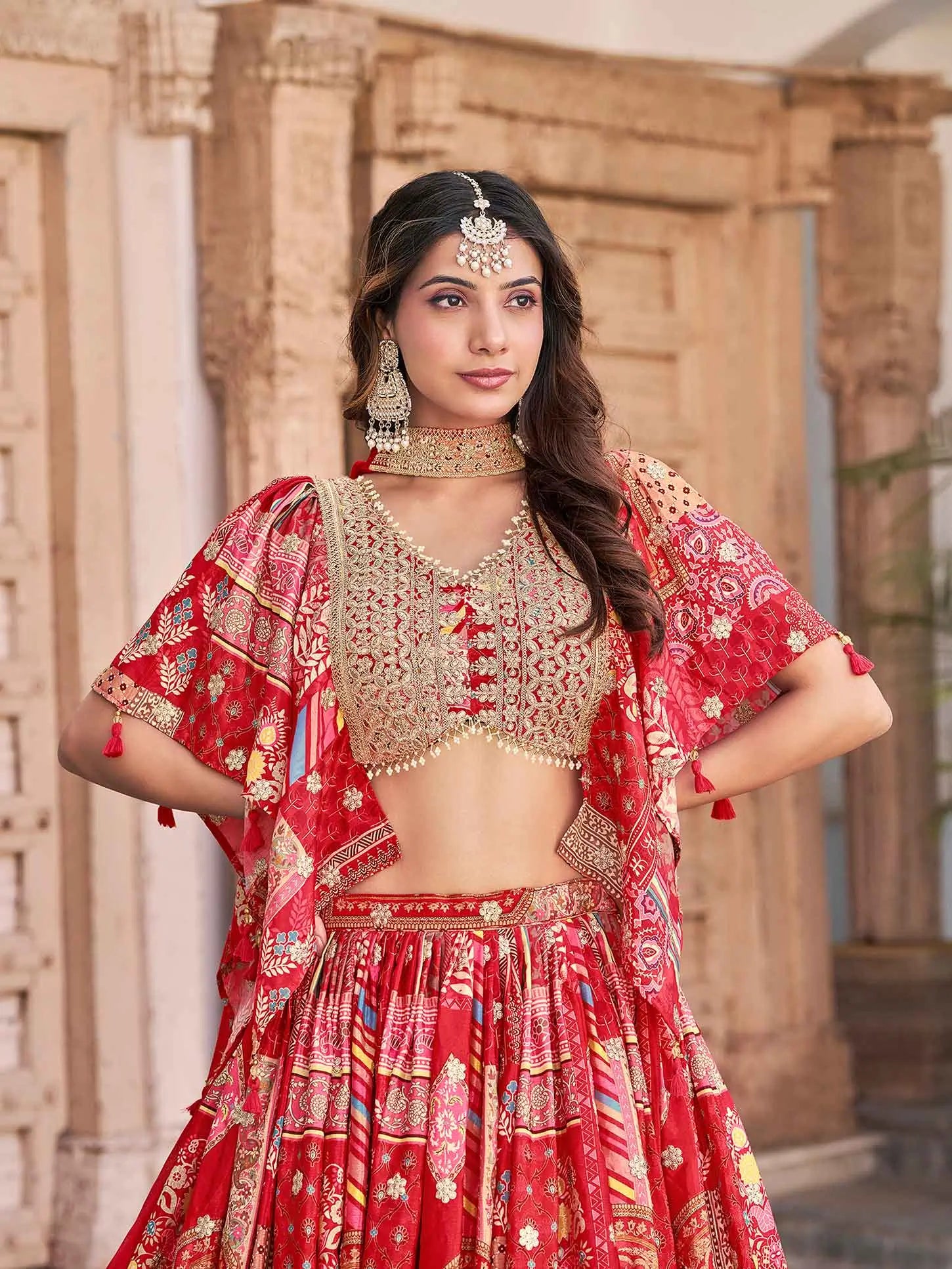 Red Silk Lehenga With Digital Print And Embroidery Work With Stylish Blouse - qivii