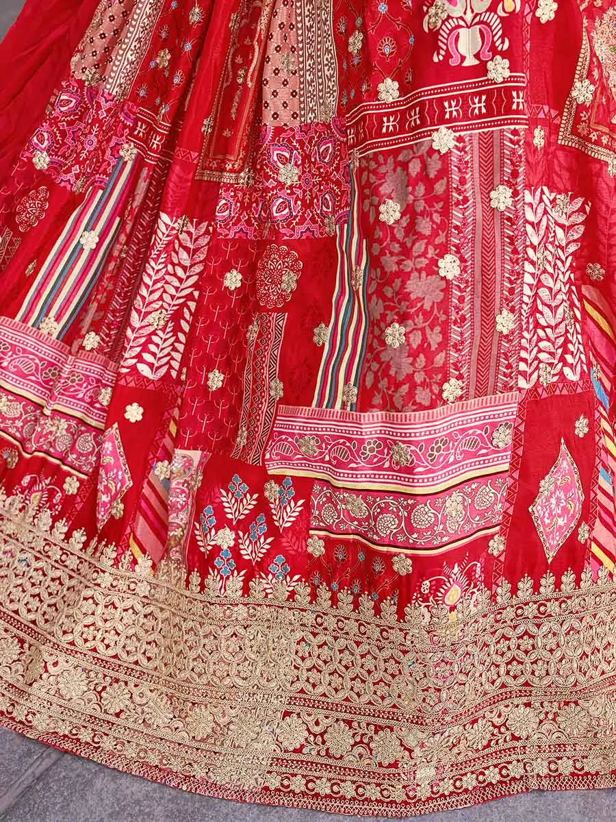 Red Silk Lehenga With Digital Print And Embroidery Work With Stylish Blouse - qivii