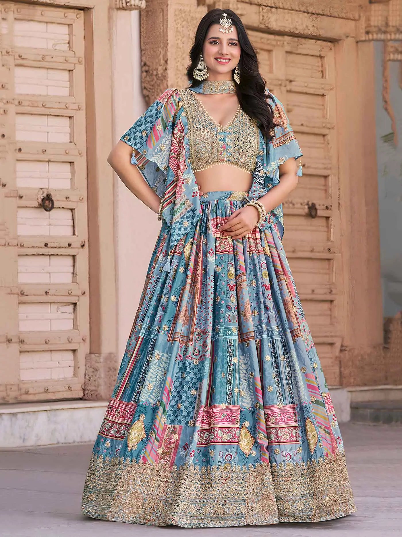 Sky Digital Print Embroidery Work Lehenga With Stylish Blouse With Pearl Work - qivii