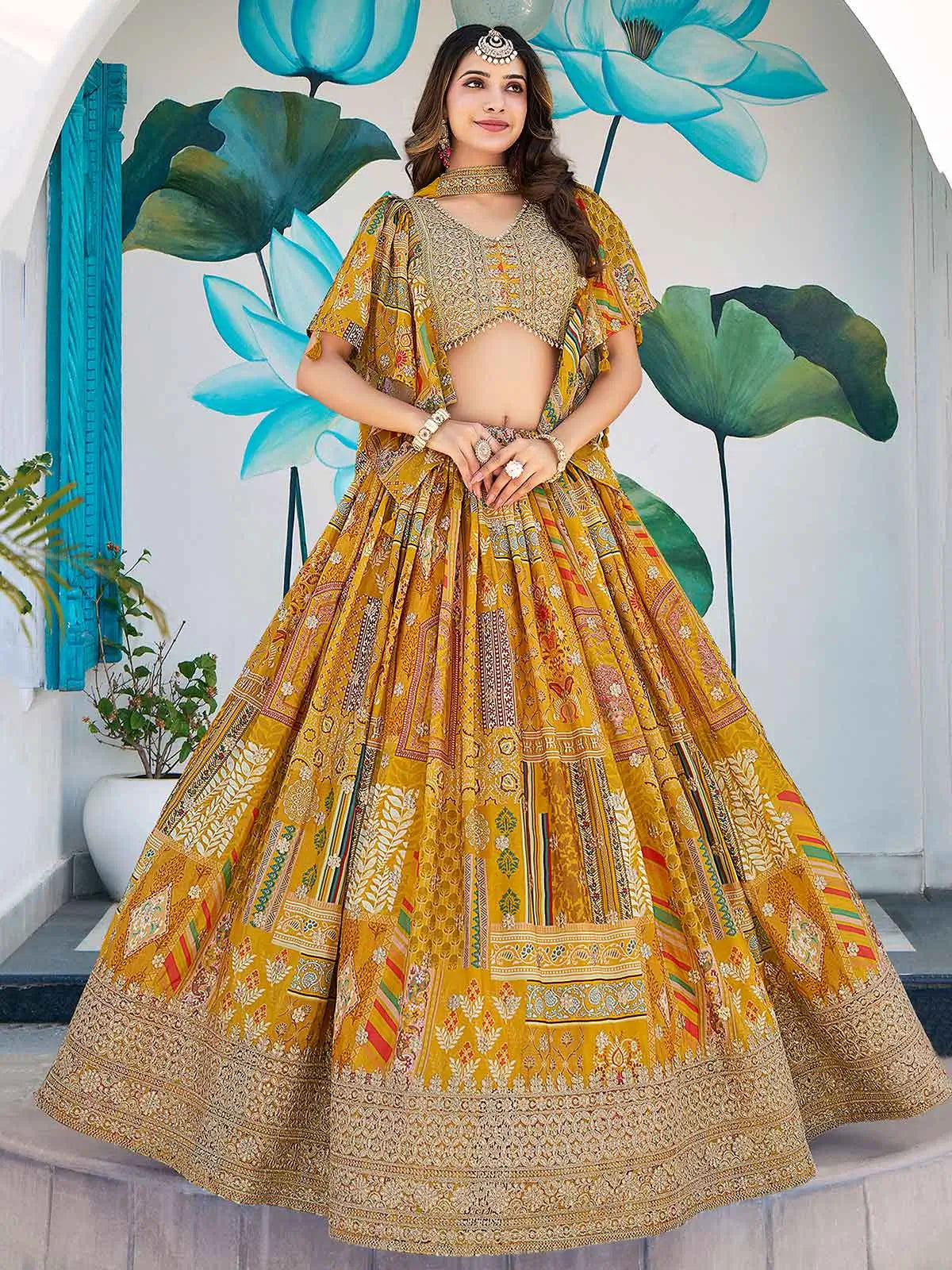 Yellow Digital Print And Embroidery Work Lehenga With Choker Style Dupatta - qivii