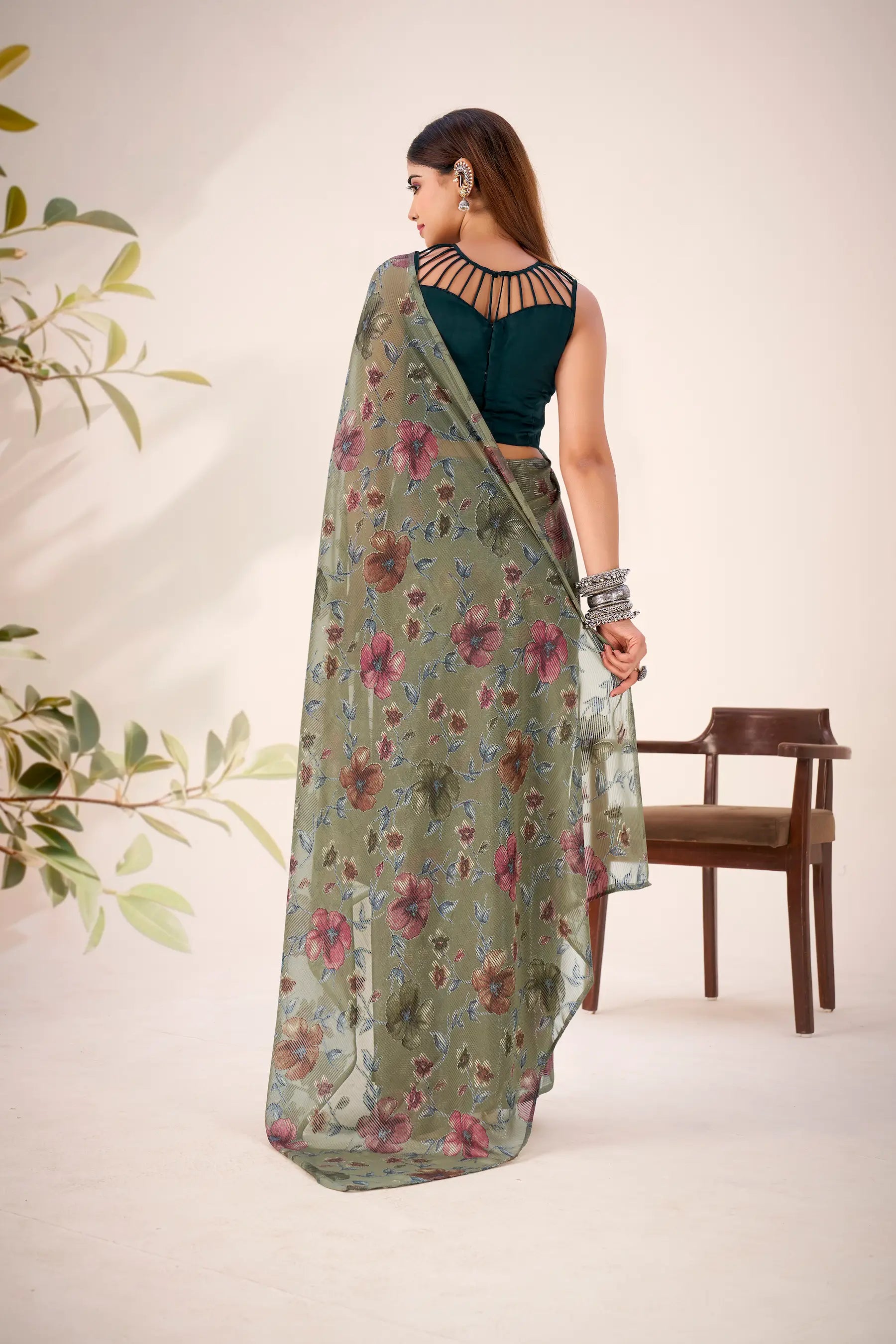 Olive Green Lurex Brasso Floral Saree