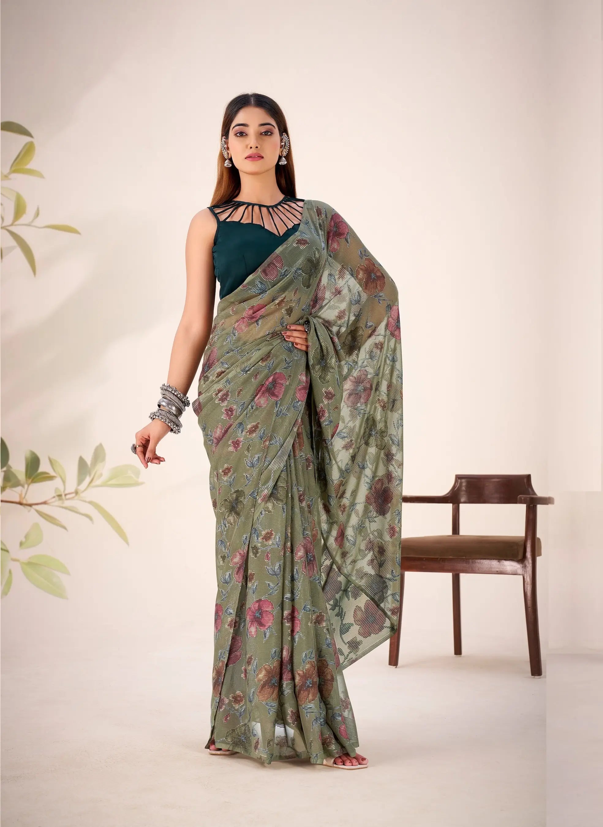 Olive Green Lurex Brasso Floral Saree