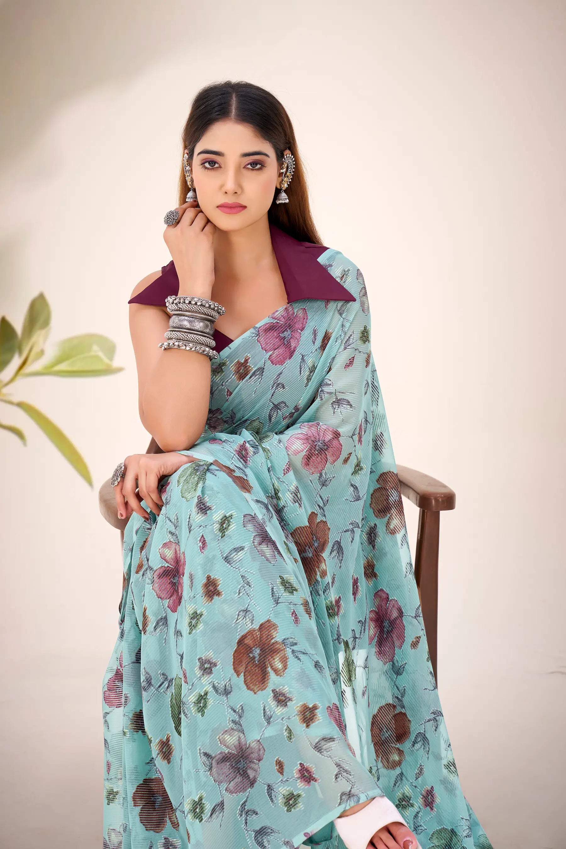 Aqua Blue Lurex Brasso Floral Saree