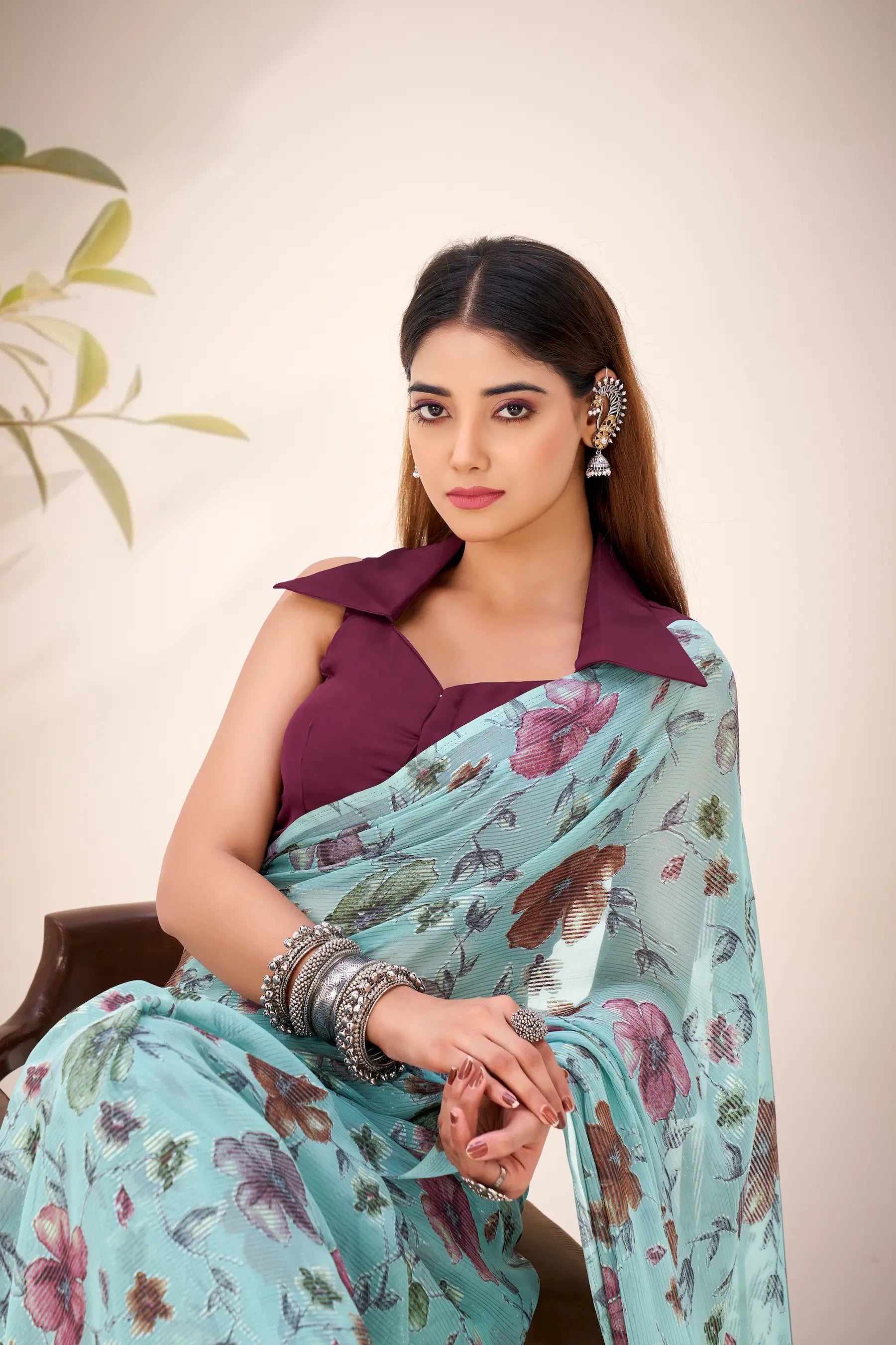 Aqua Blue Lurex Brasso Floral Saree