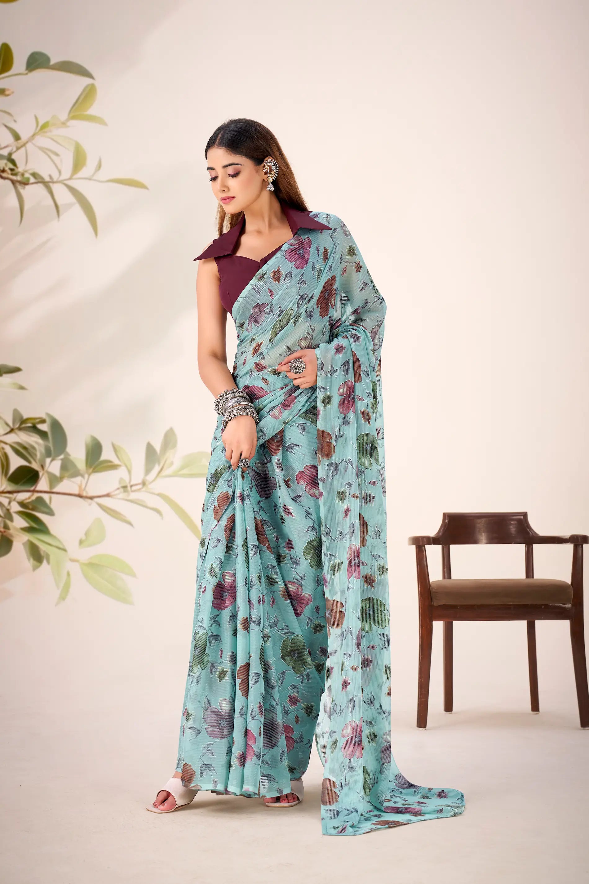 Aqua Blue Lurex Brasso Floral Saree