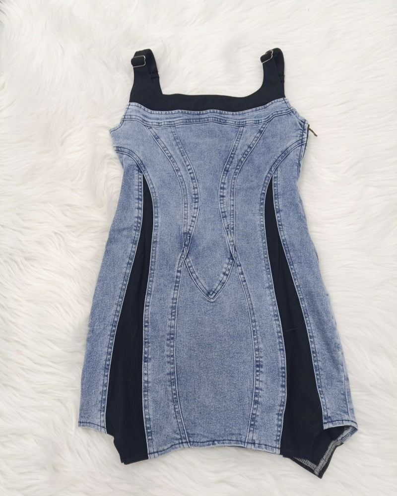 Contrast Color Suspenders Bodycon Mini Denim Dress - By Qivii