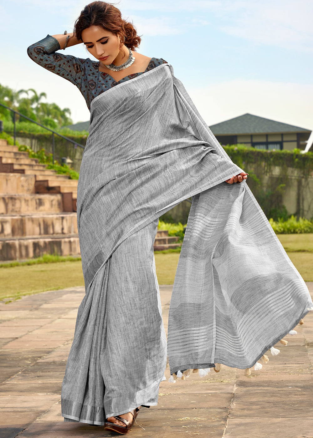 Smoke Grey Soft Linen Silk Saree with Khadi Print and Tassels on Pallu - qivii
