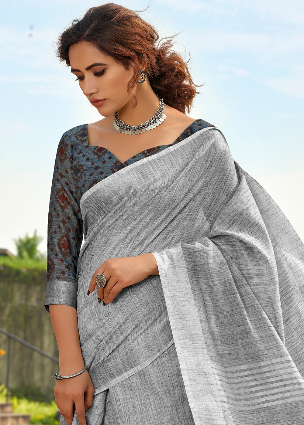 Smoke Grey Soft Linen Silk Saree with Khadi Print and Tassels on Pallu - qivii