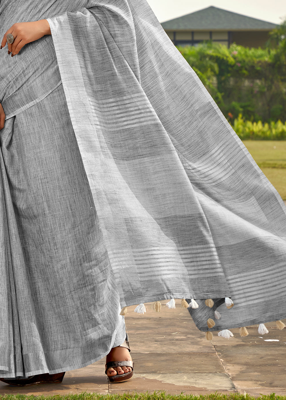 Smoke Grey Soft Linen Silk Saree with Khadi Print and Tassels on Pallu - qivii