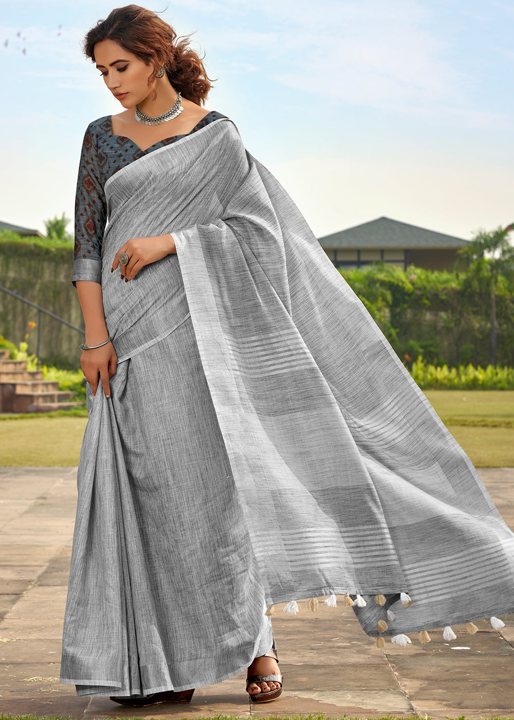 Smoke Grey Soft Linen Silk Saree with Khadi Print and Tassels on Pallu - qivii
