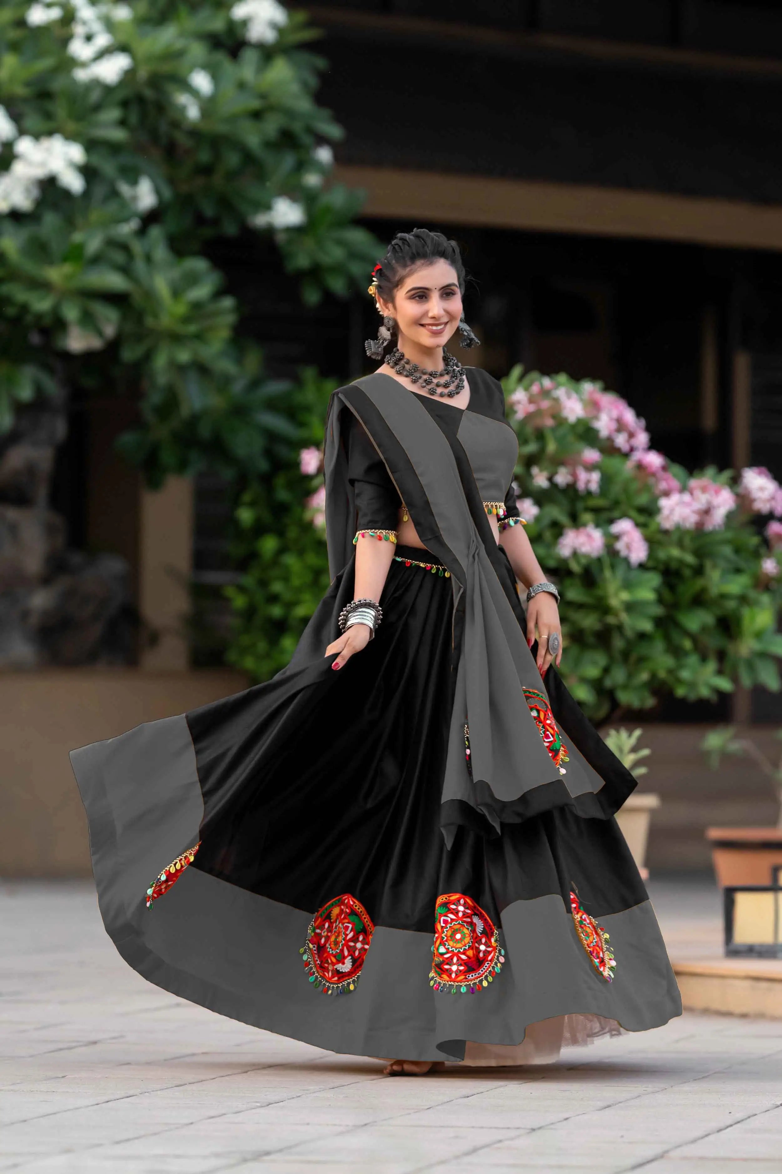 Grey And Black Gamthi Work Chaniya Choli For Navratri