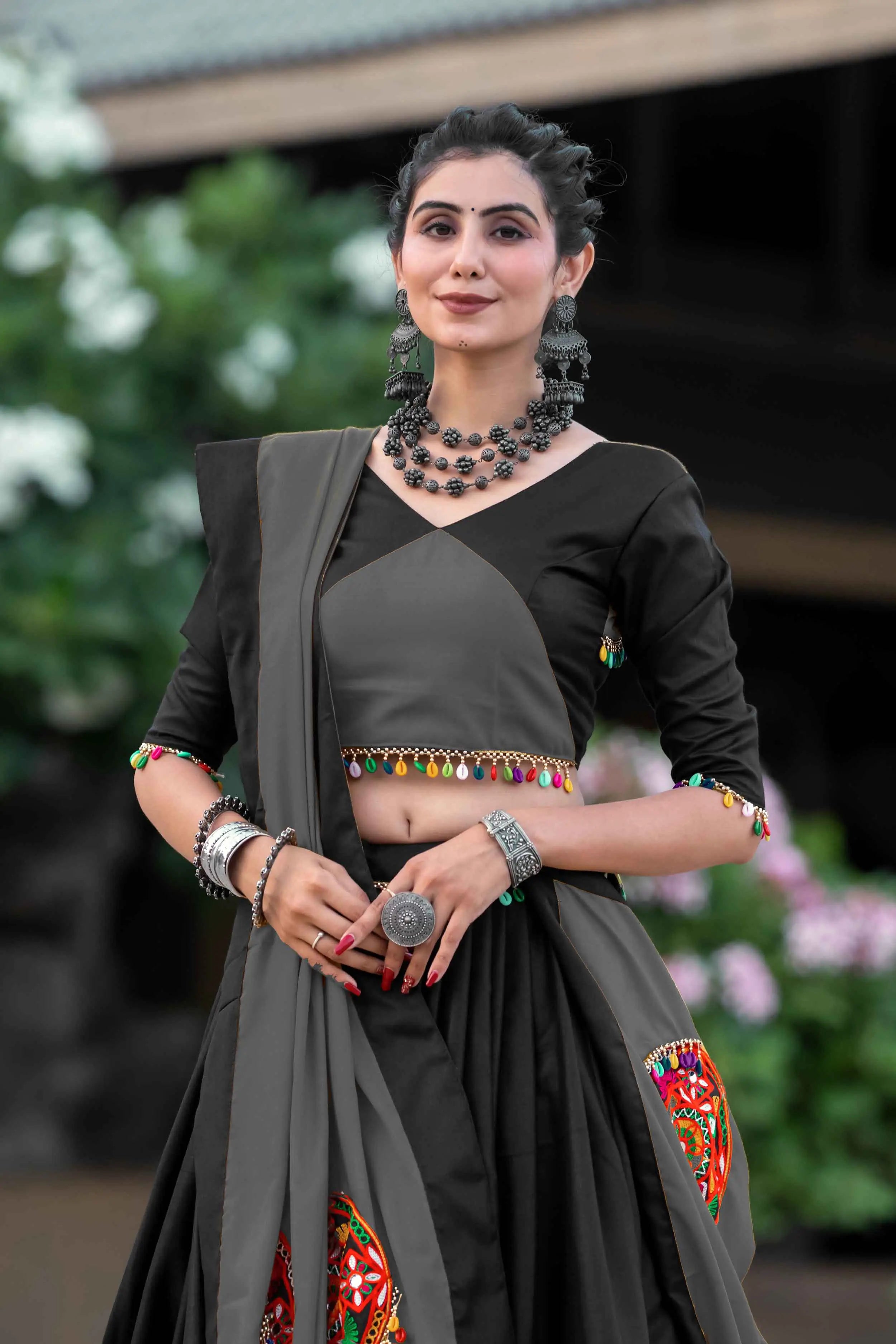 Grey And Black Gamthi Work Chaniya Choli For Navratri