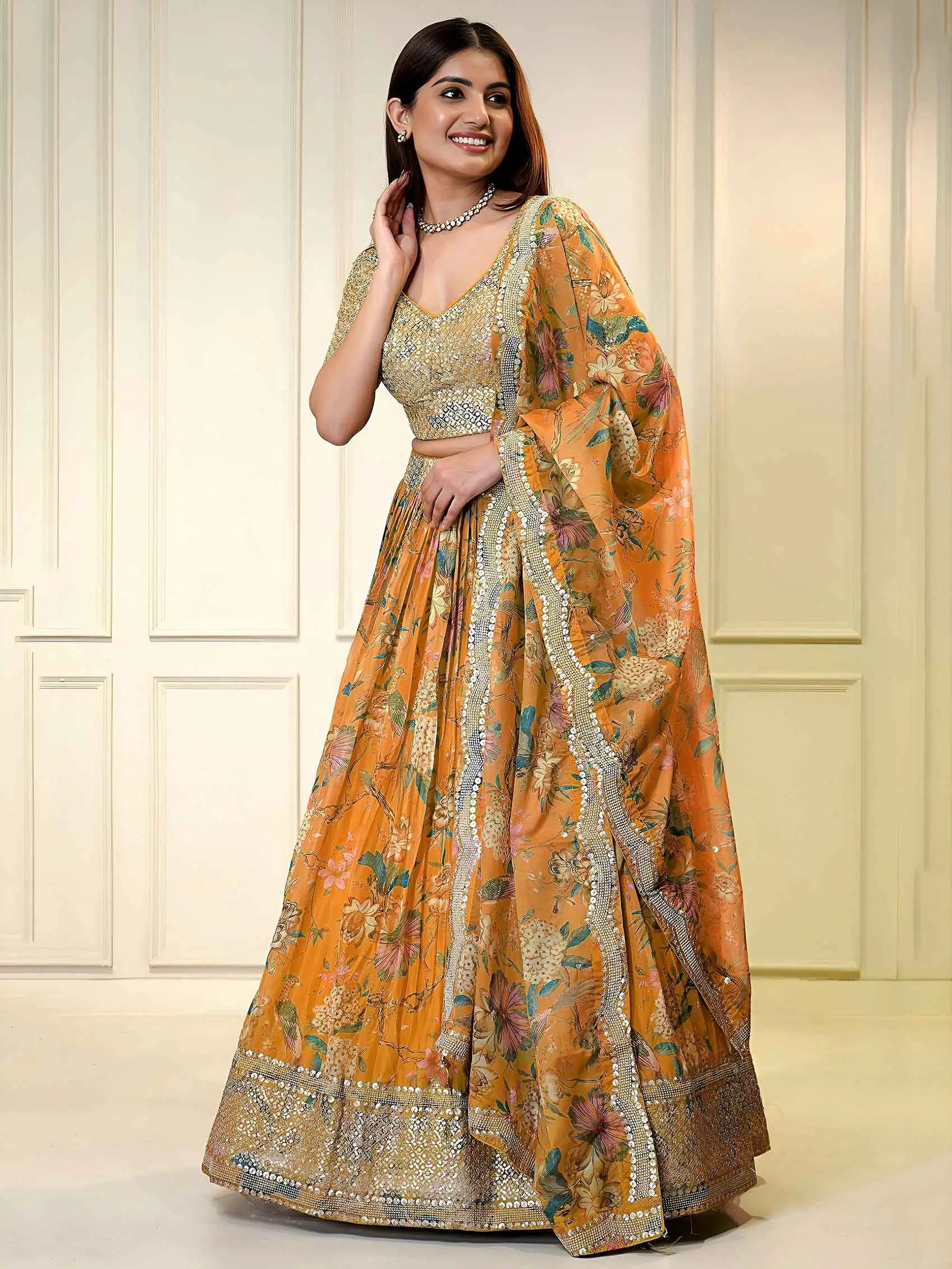 Rust Printed Lehenga with Sequins & Zari