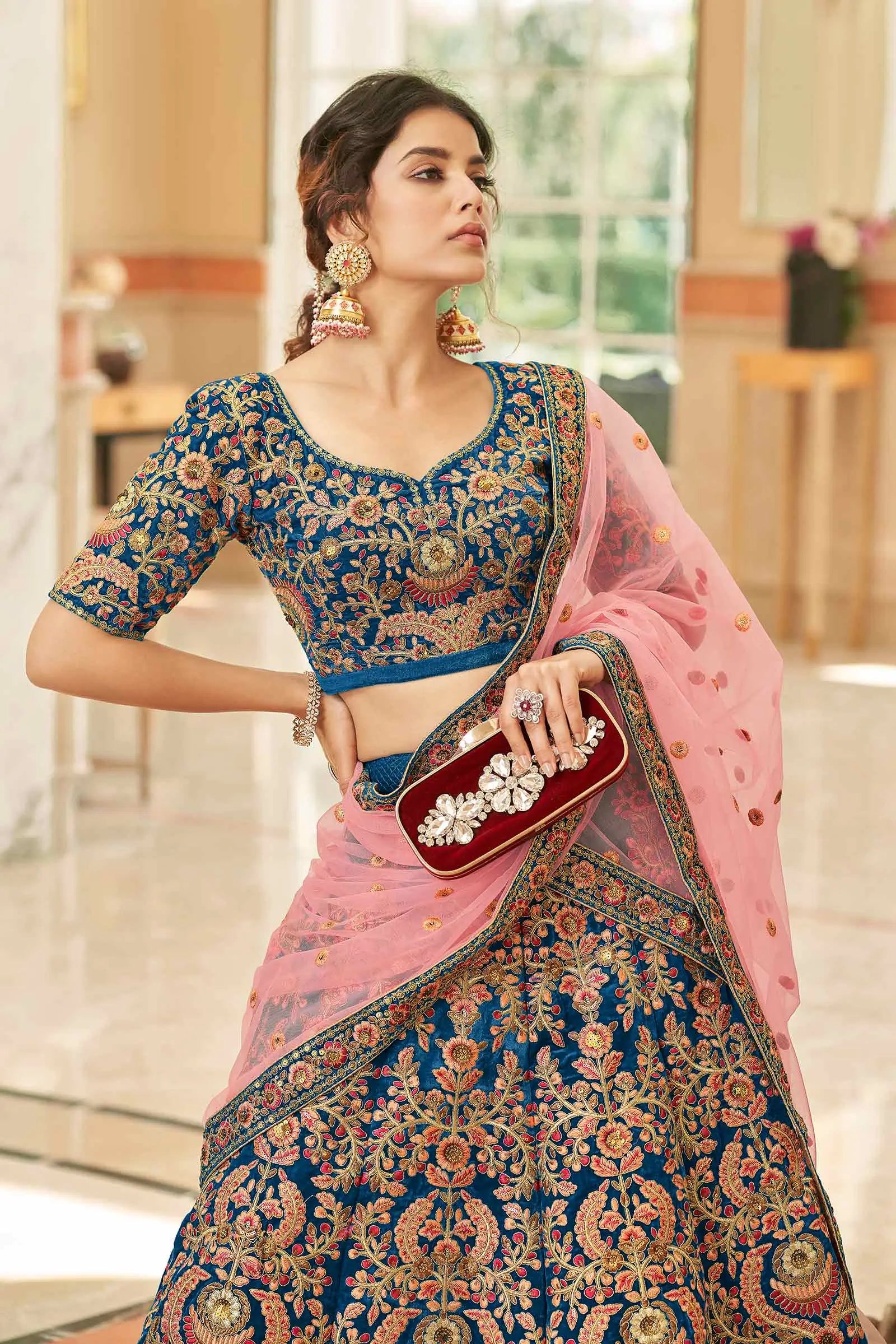 Blue Velvet Lehenga Choli With Thread, Dori, Zari And Sequins Embroidered Work | Ready To Wear - qivii