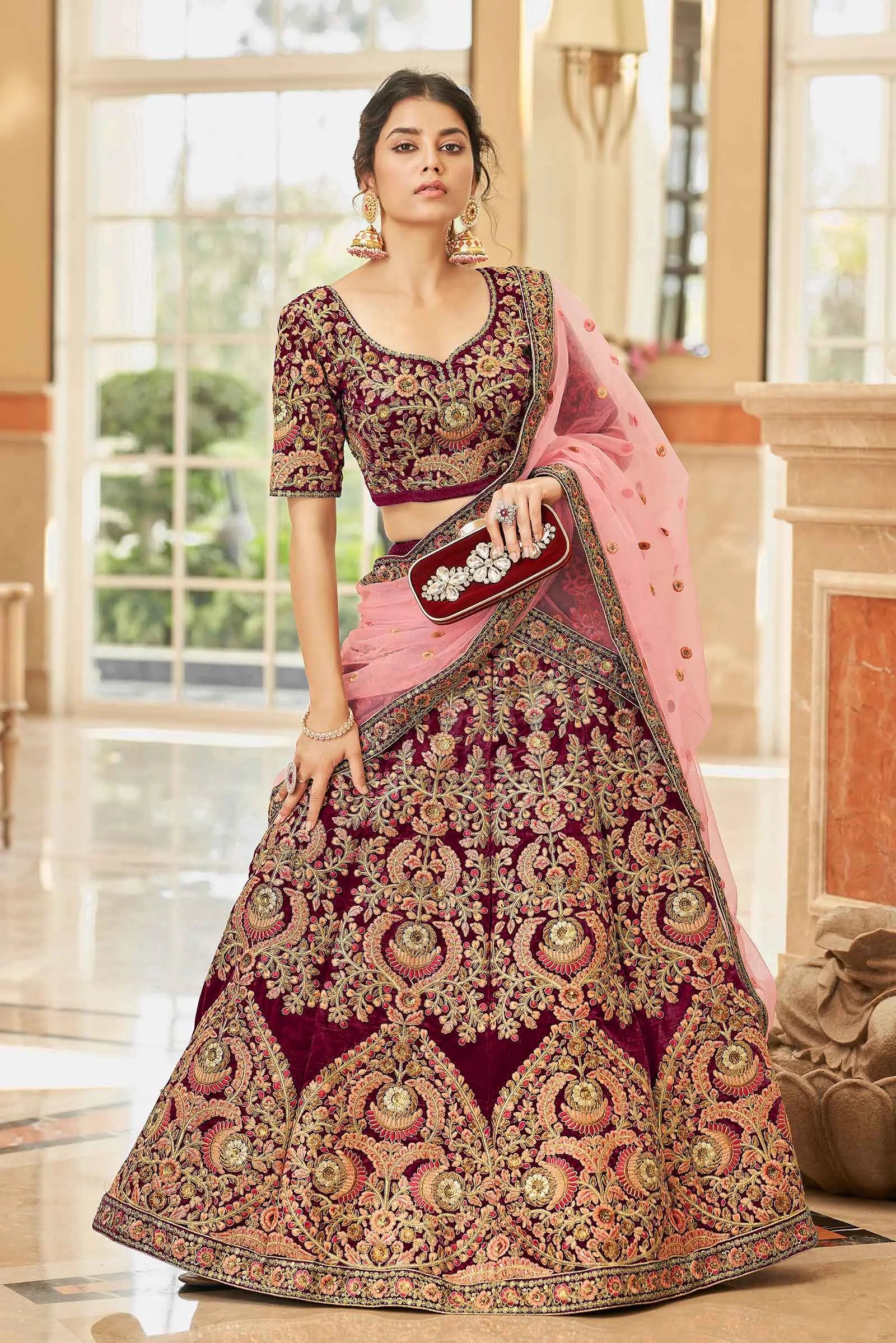 Maroon Velvet Lehenga Choli With Thread, Dori, Zari And Sequins Embroidered Work | Ready To Wear - qivii