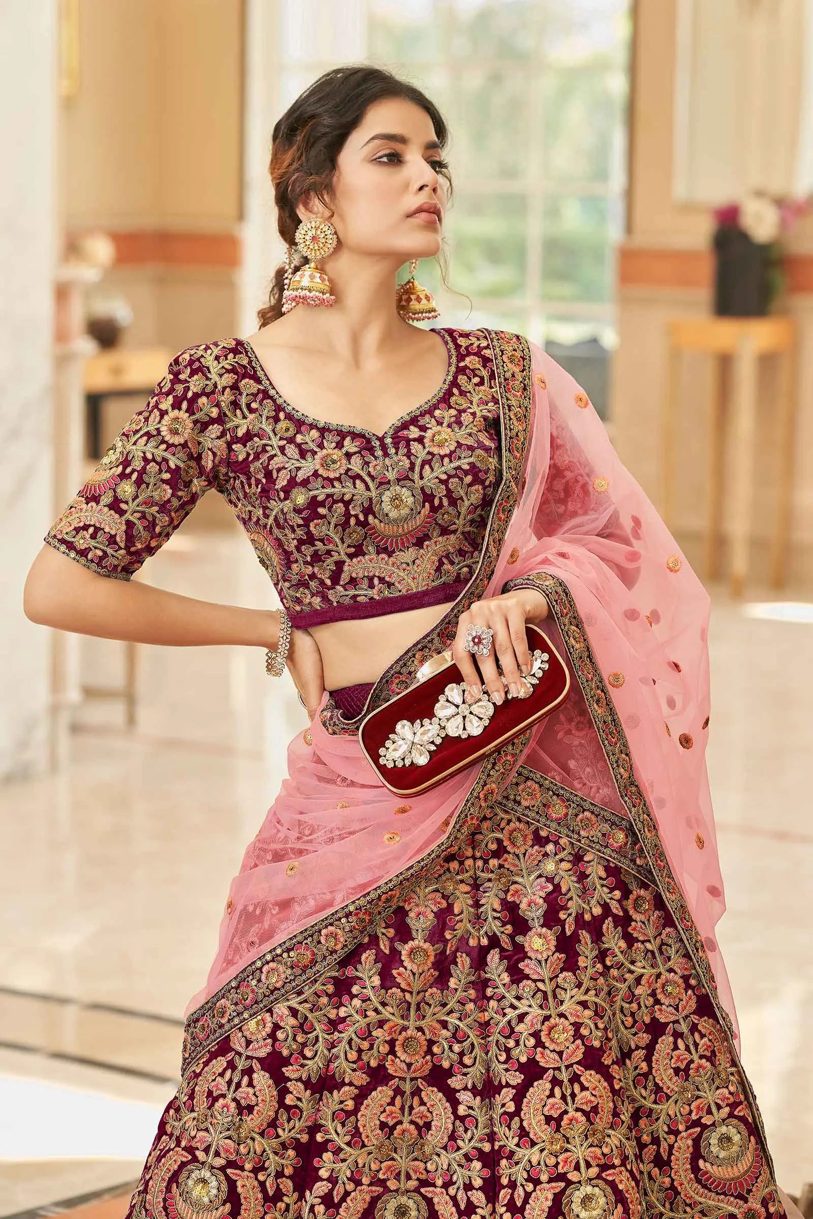 Maroon Velvet Lehenga Choli With Thread, Dori, Zari And Sequins Embroidered Work | Ready To Wear - qivii