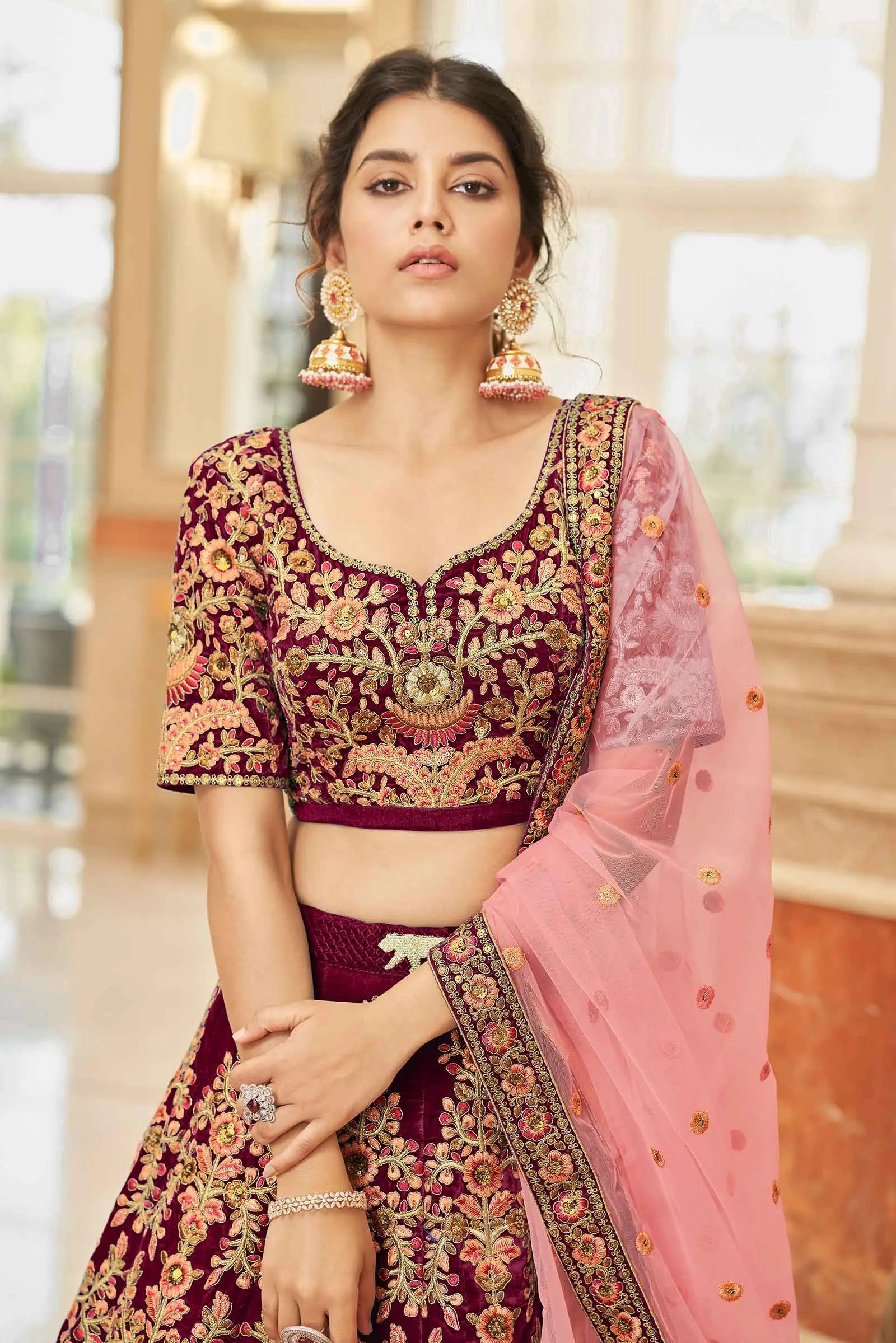 Maroon Velvet Lehenga Choli With Thread, Dori, Zari And Sequins Embroidered Work | Ready To Wear - qivii