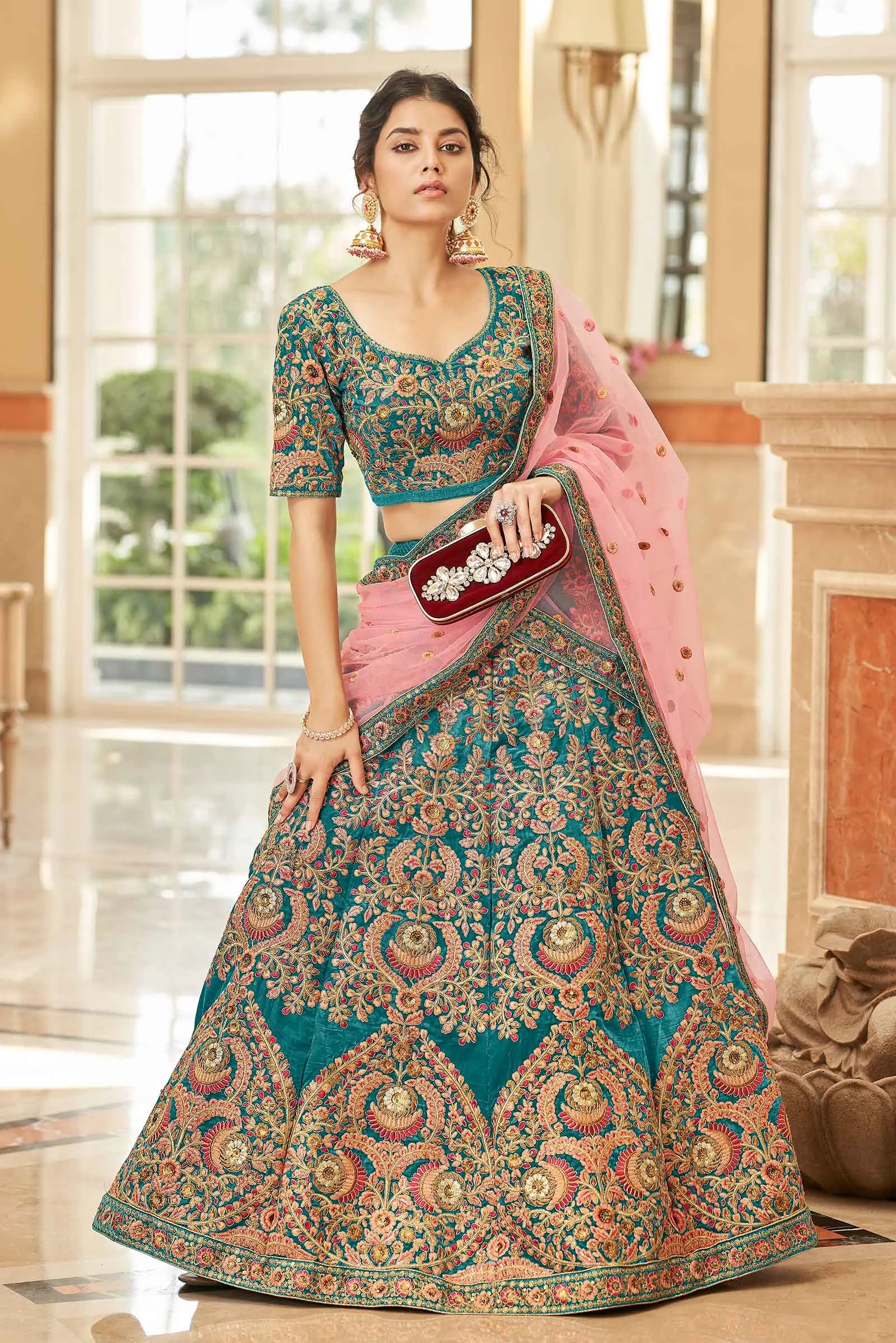 Teal Blue Velvet Lehenga Choli With Thread, Dori, Zari And Sequins Embroidered Work | Ready To Wear - qivii
