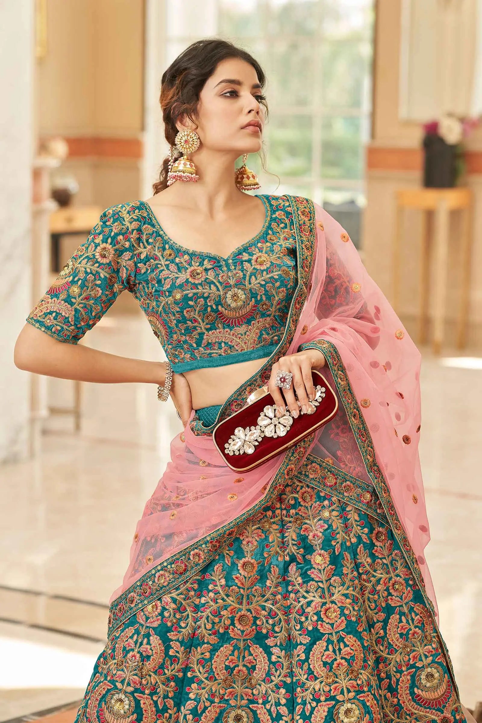 Teal Blue Velvet Lehenga Choli With Thread, Dori, Zari And Sequins Embroidered Work | Ready To Wear - qivii
