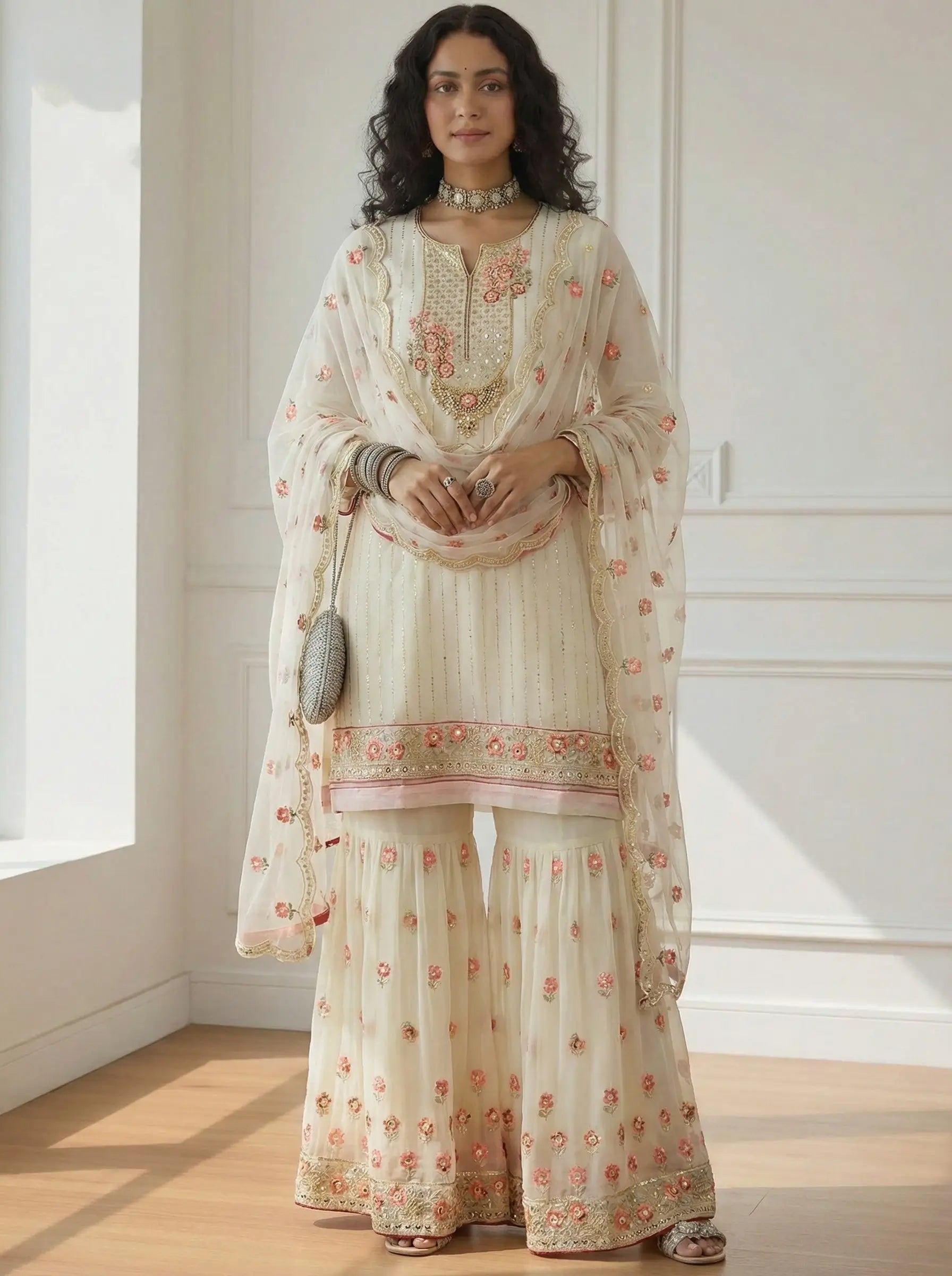 Beige Khatali & Embroidery Work Sharara Suit