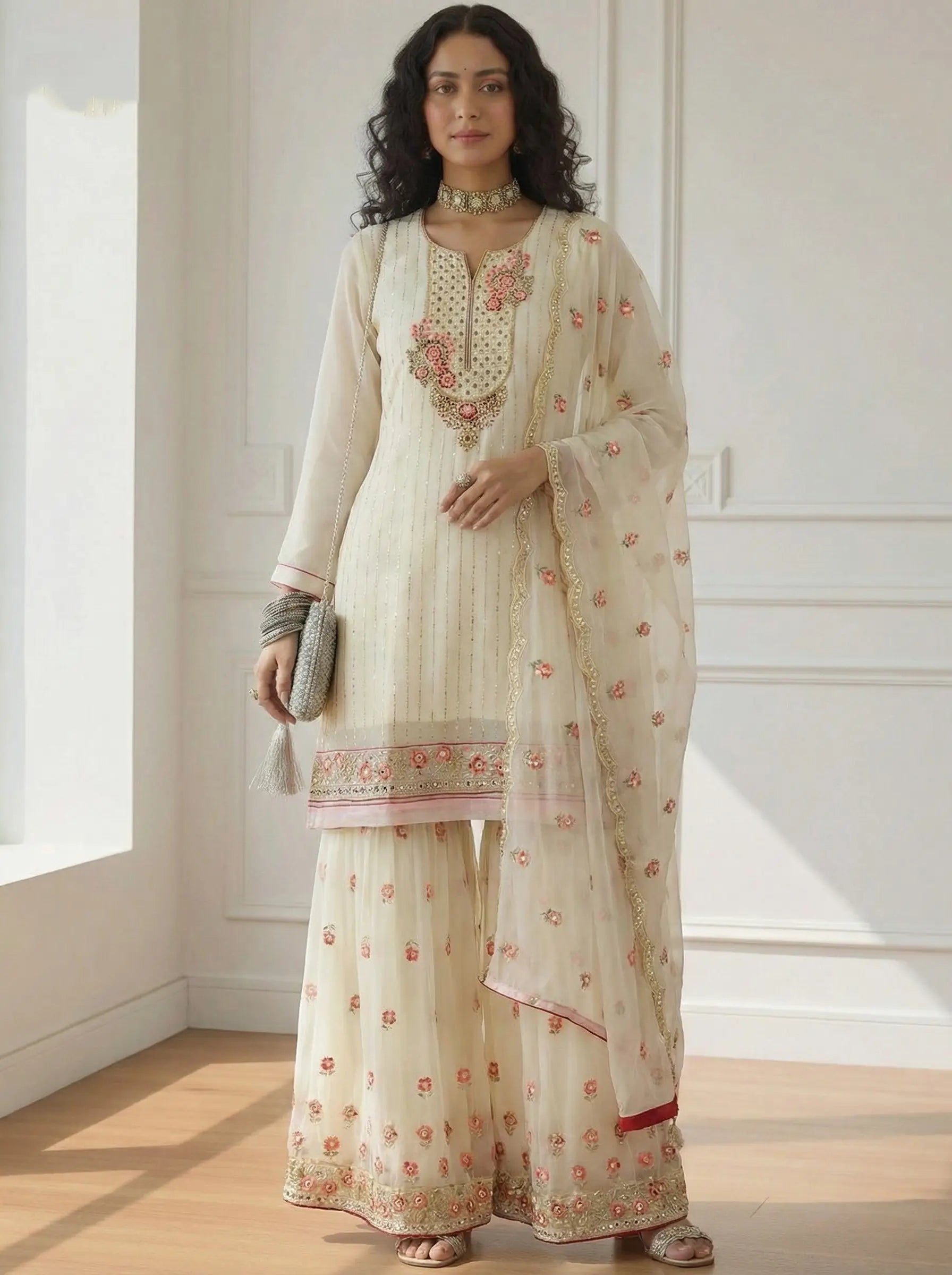 Beige Khatali & Embroidery Work Sharara Suit