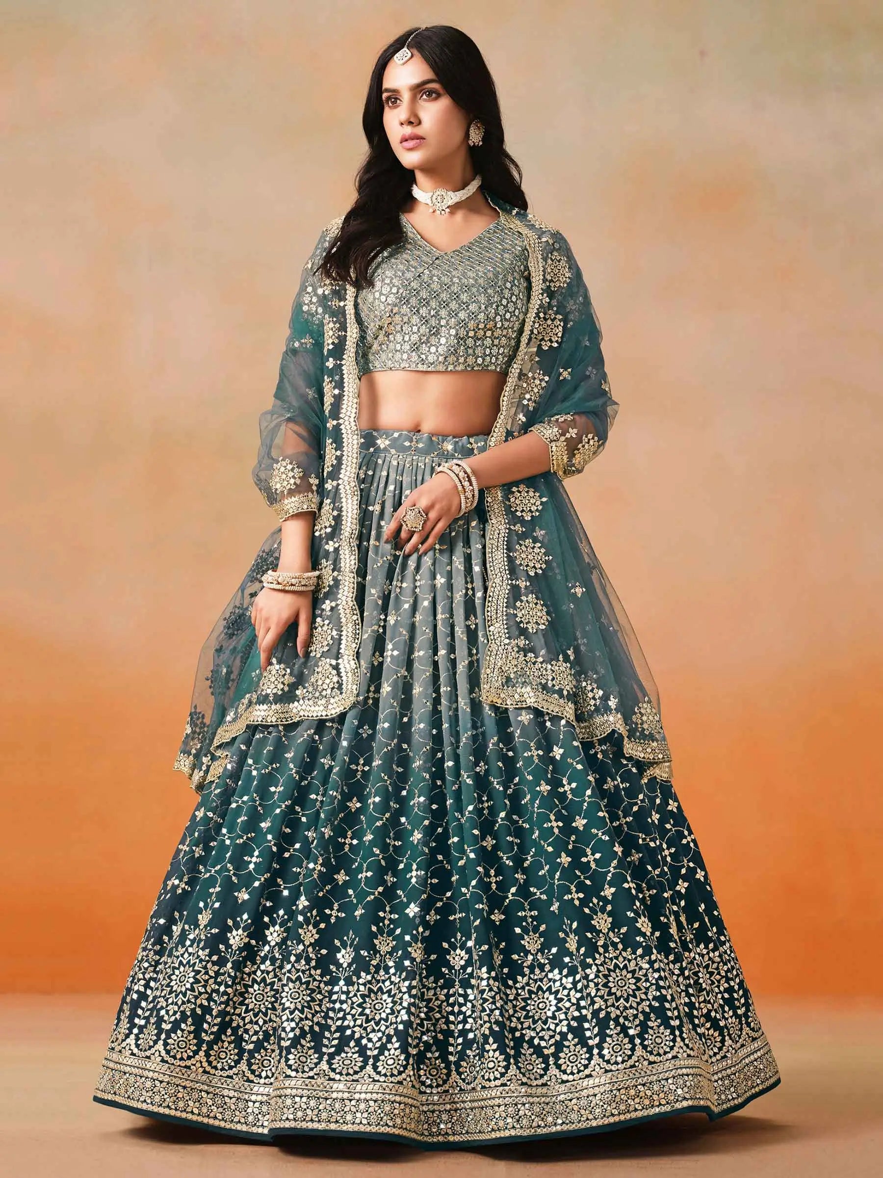 Blue To Grey Gradient Georgette Lehenga With Zari Sequins Embroidery Work - qivii