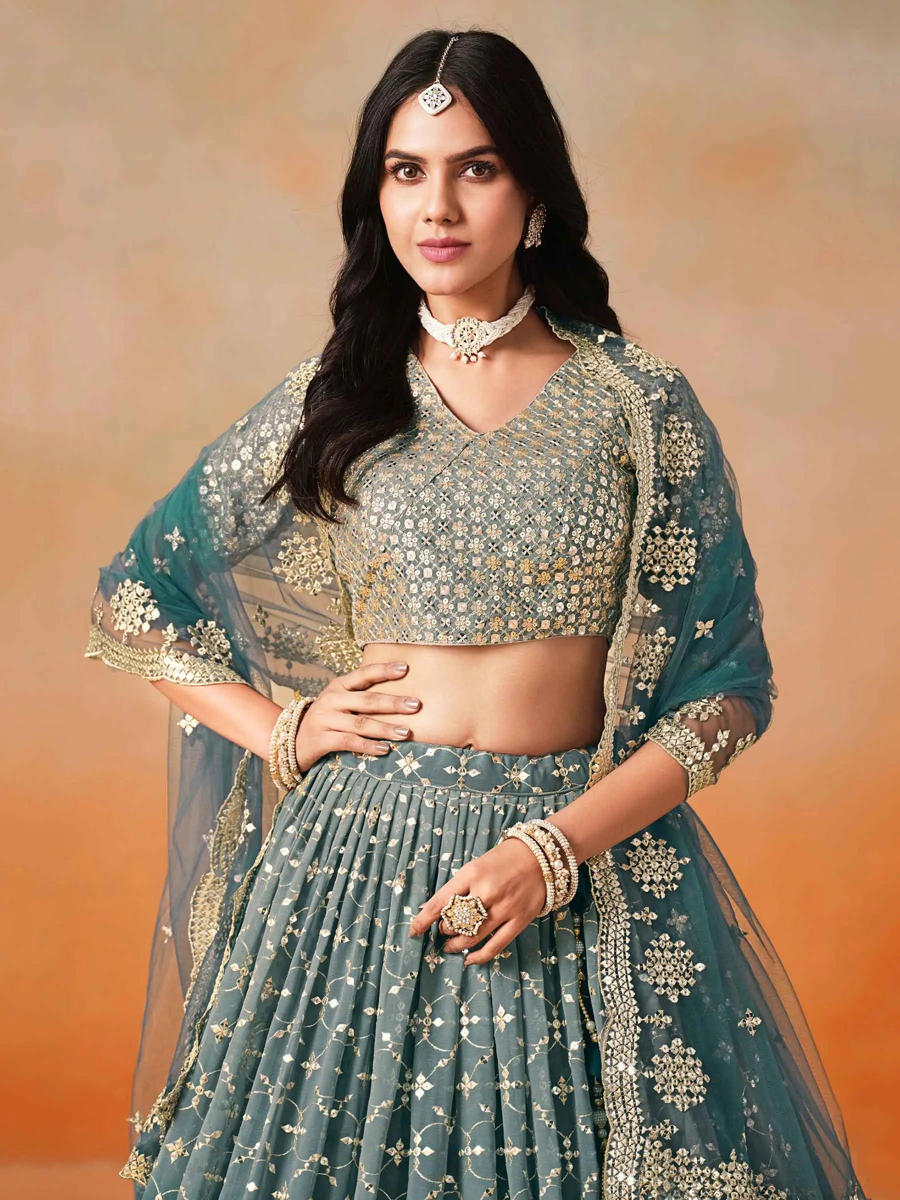 Blue To Grey Gradient Georgette Lehenga With Zari Sequins Embroidery Work - qivii