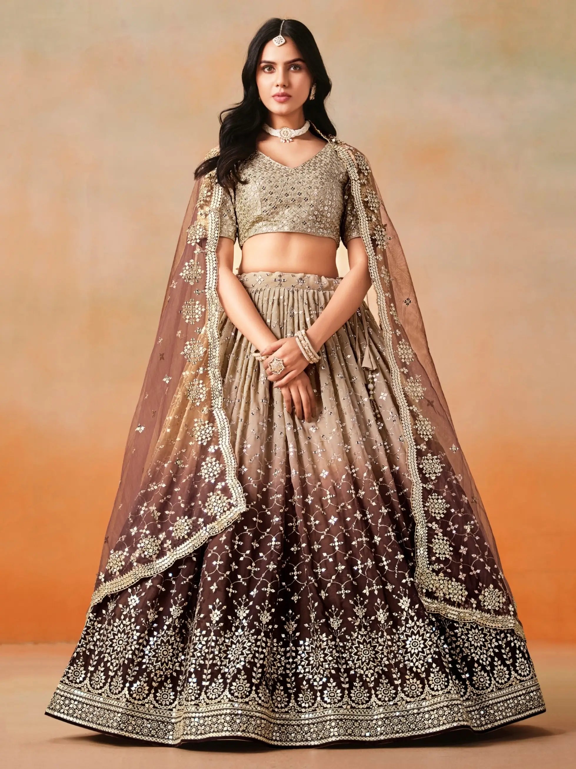 Beige To Brown Gradient Georgette Lehenga With Zari Sequins Embroidery Work - qivii