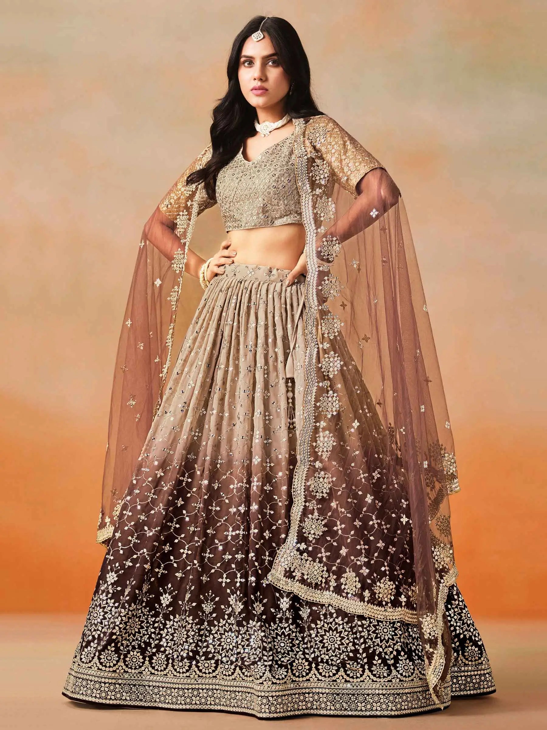 Beige To Brown Gradient Georgette Lehenga With Zari Sequins Embroidery Work - qivii