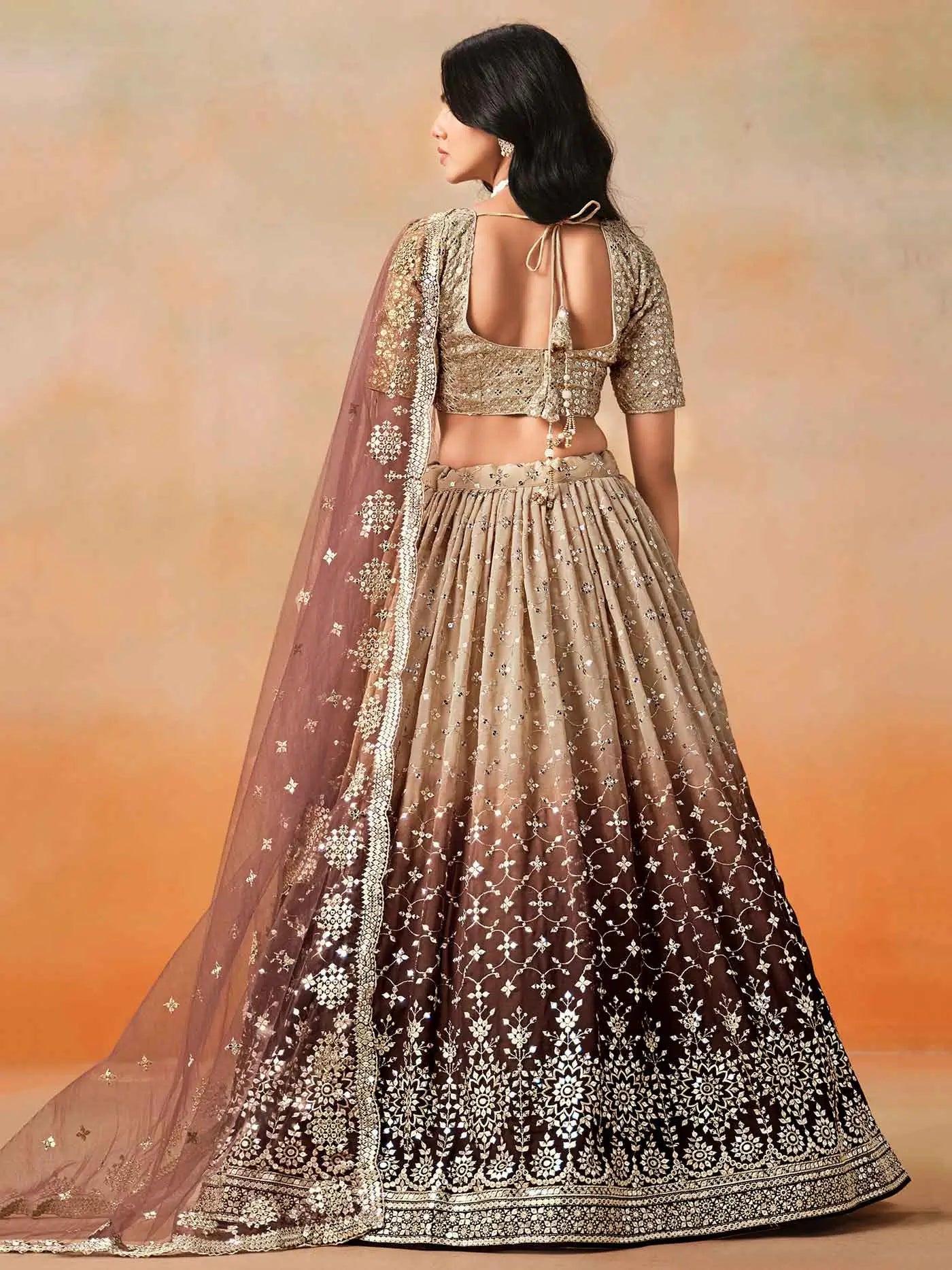 Beige To Brown Gradient Georgette Lehenga With Zari Sequins Embroidery Work - qivii