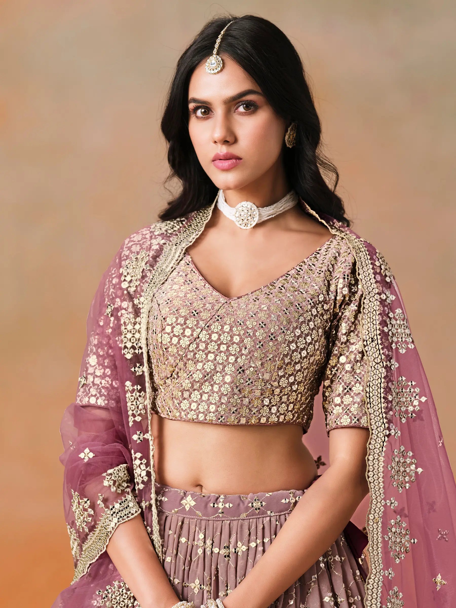 Maroon To Mauve Gradient Georgette Lehenga With Zari Sequins Embroidery Work - qivii