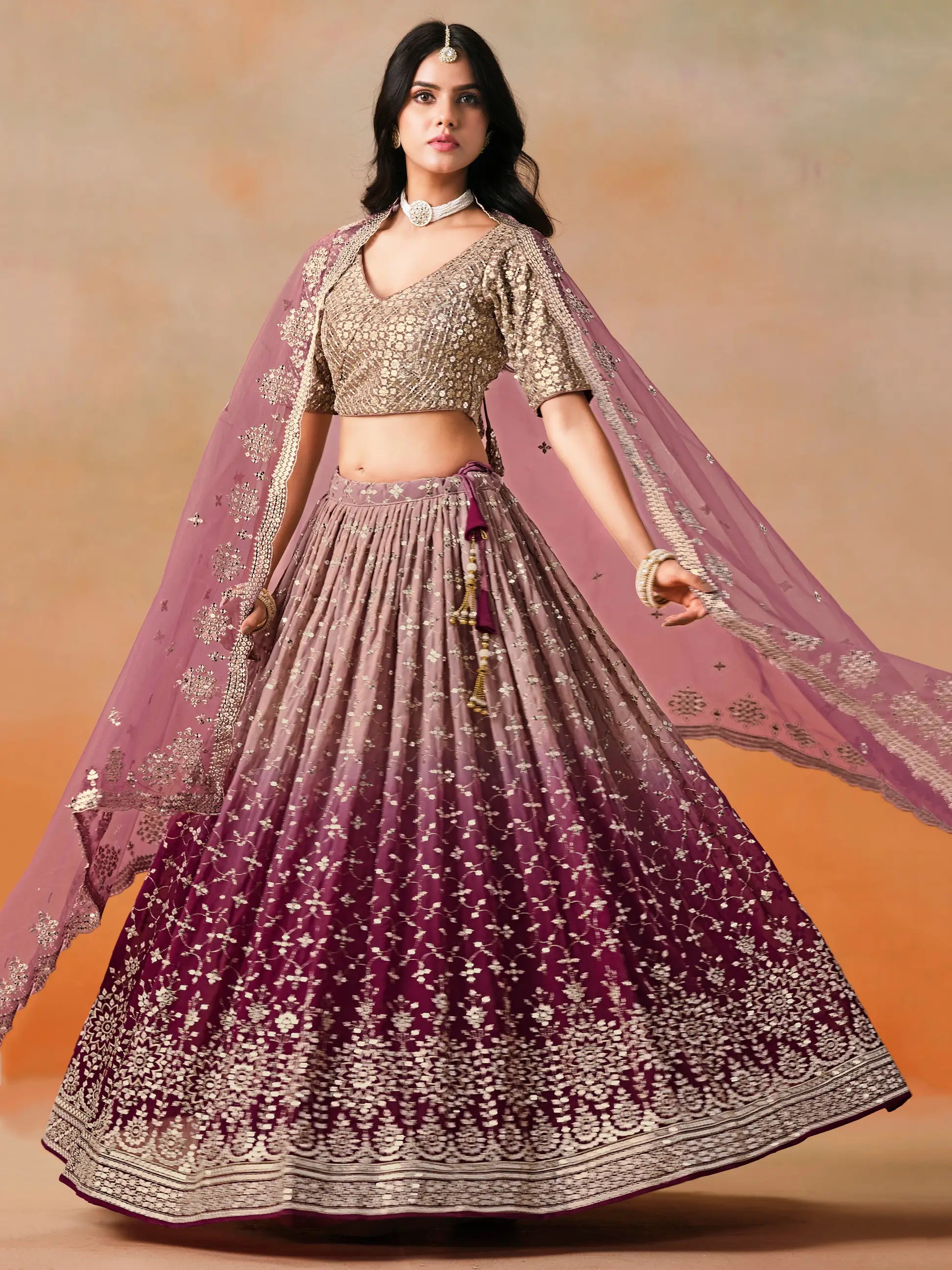 Maroon To Mauve Gradient Georgette Lehenga With Zari Sequins Embroidery Work - qivii