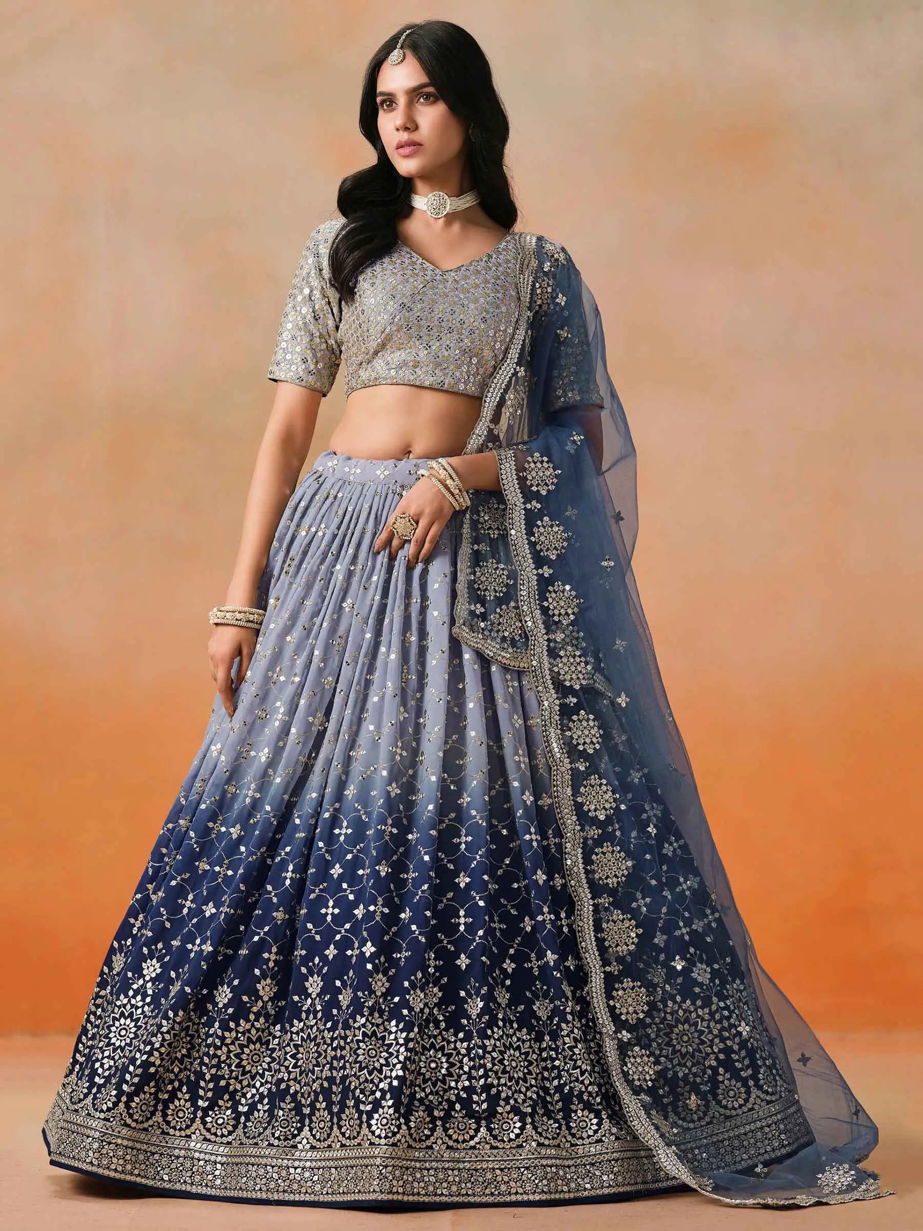 Navy Blue Gradient Georgette Lehenga With Zari Sequins Embroidery Work - qivii