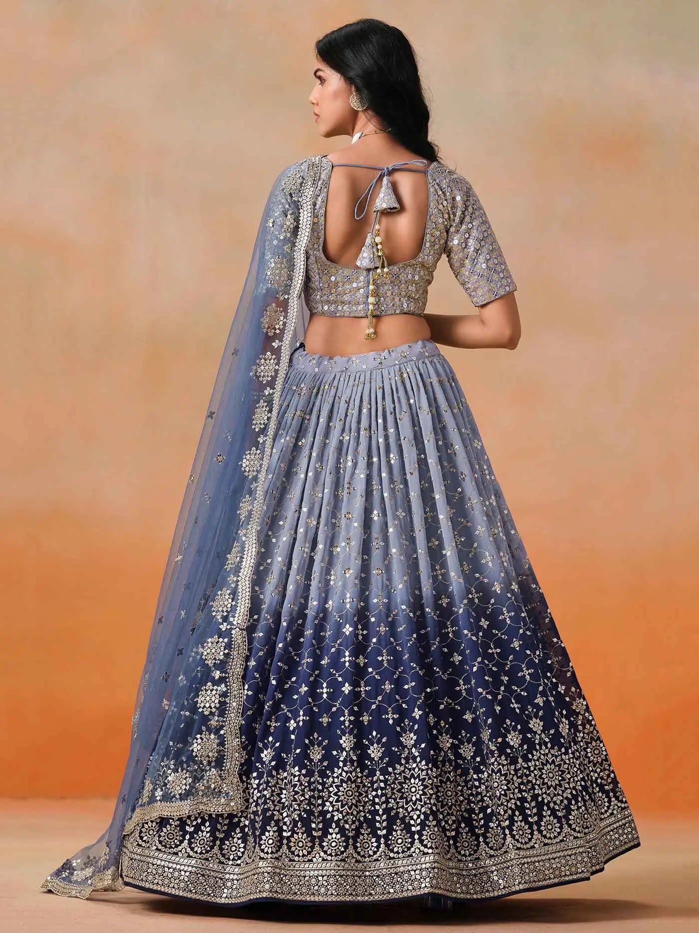 Navy Blue Gradient Georgette Lehenga With Zari Sequins Embroidery Work - qivii