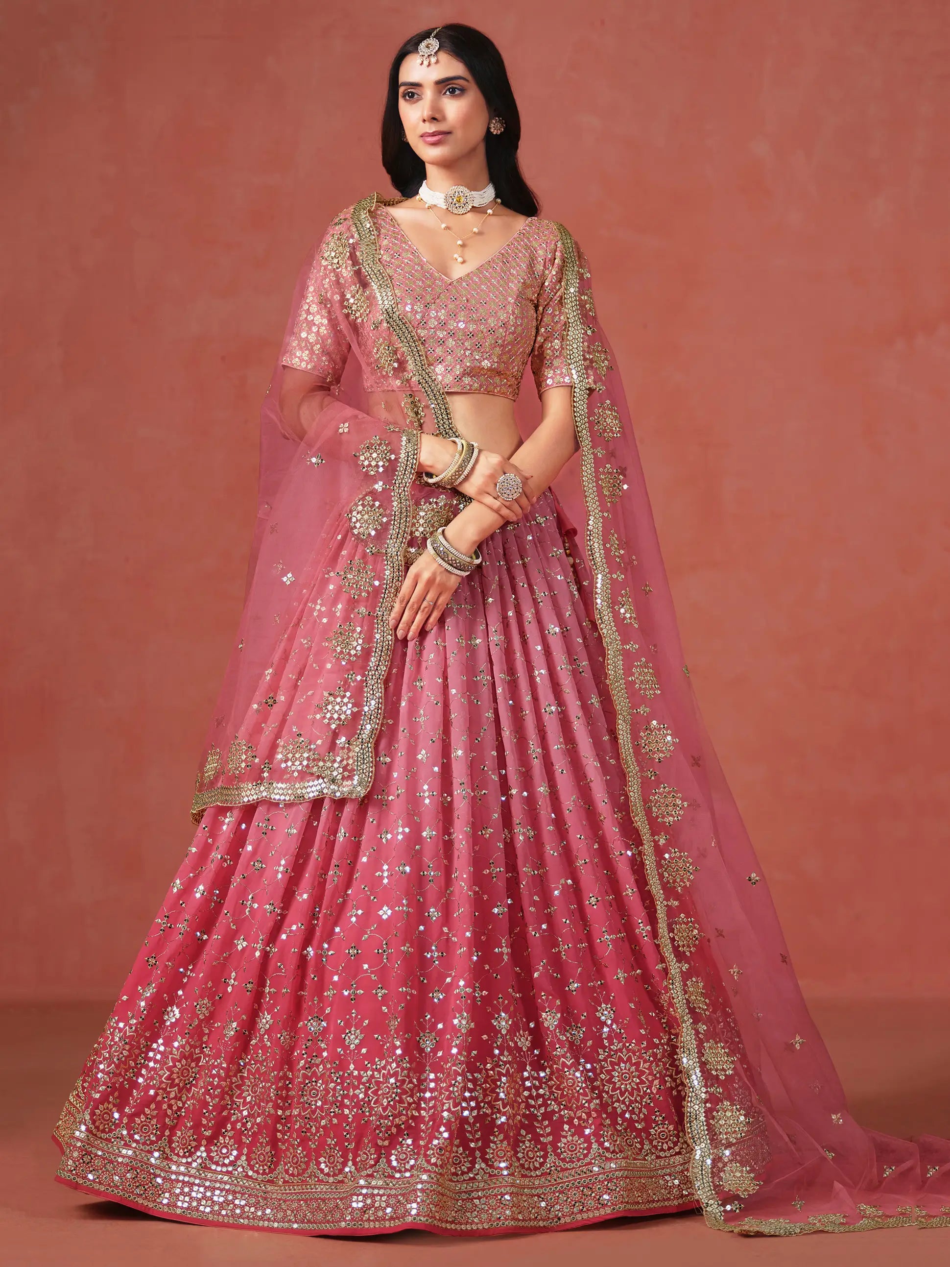 Peach To Pink Gradient Georgette Lehenga With Zari Sequins Embroidery Work - qivii