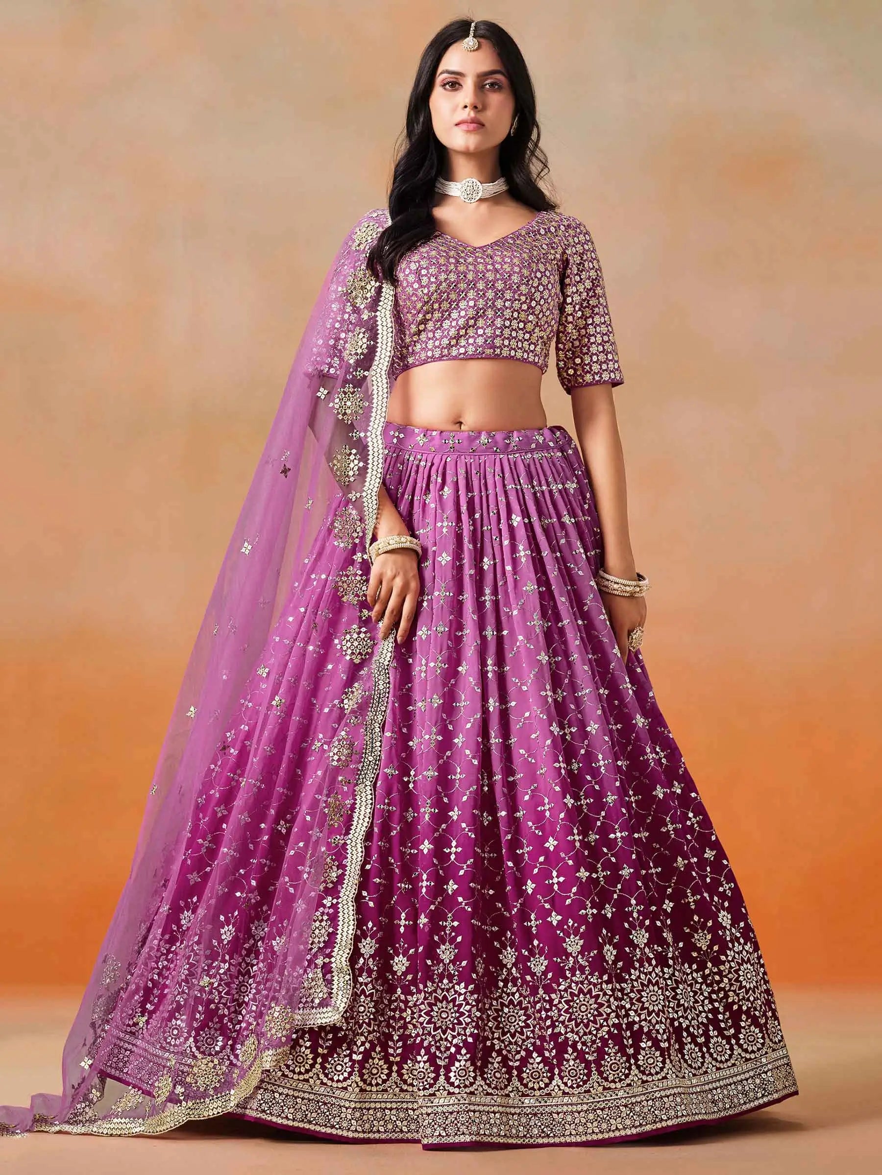 Rani Pink Shade Georgette Lehenga With Zari Sequins Embroidery Work - qivii