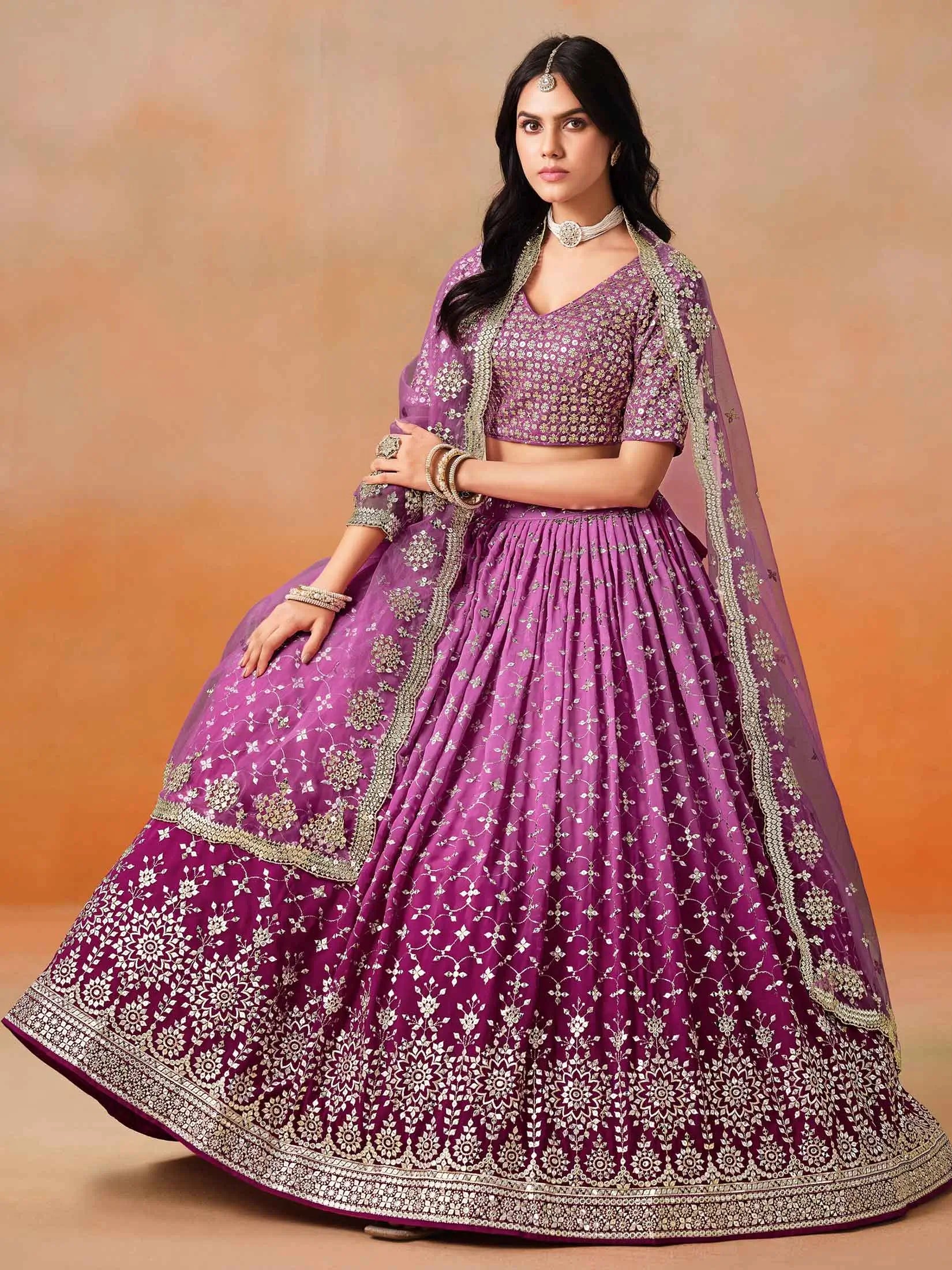 Rani Pink Shade Georgette Lehenga With Zari Sequins Embroidery Work - qivii