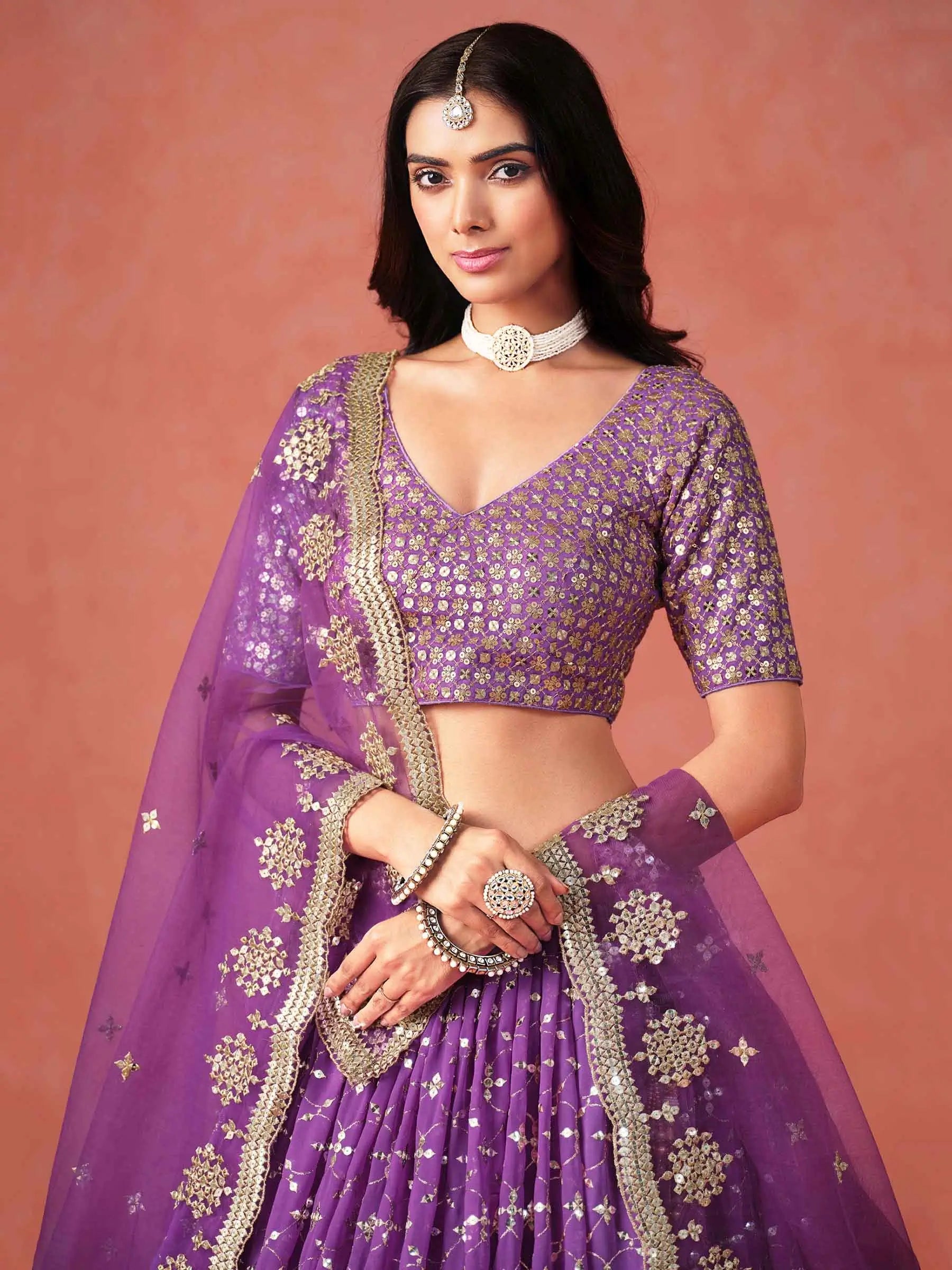 Purple Georgette Lehenga With Zari Multiple Sequins Embroidery Work - qivii