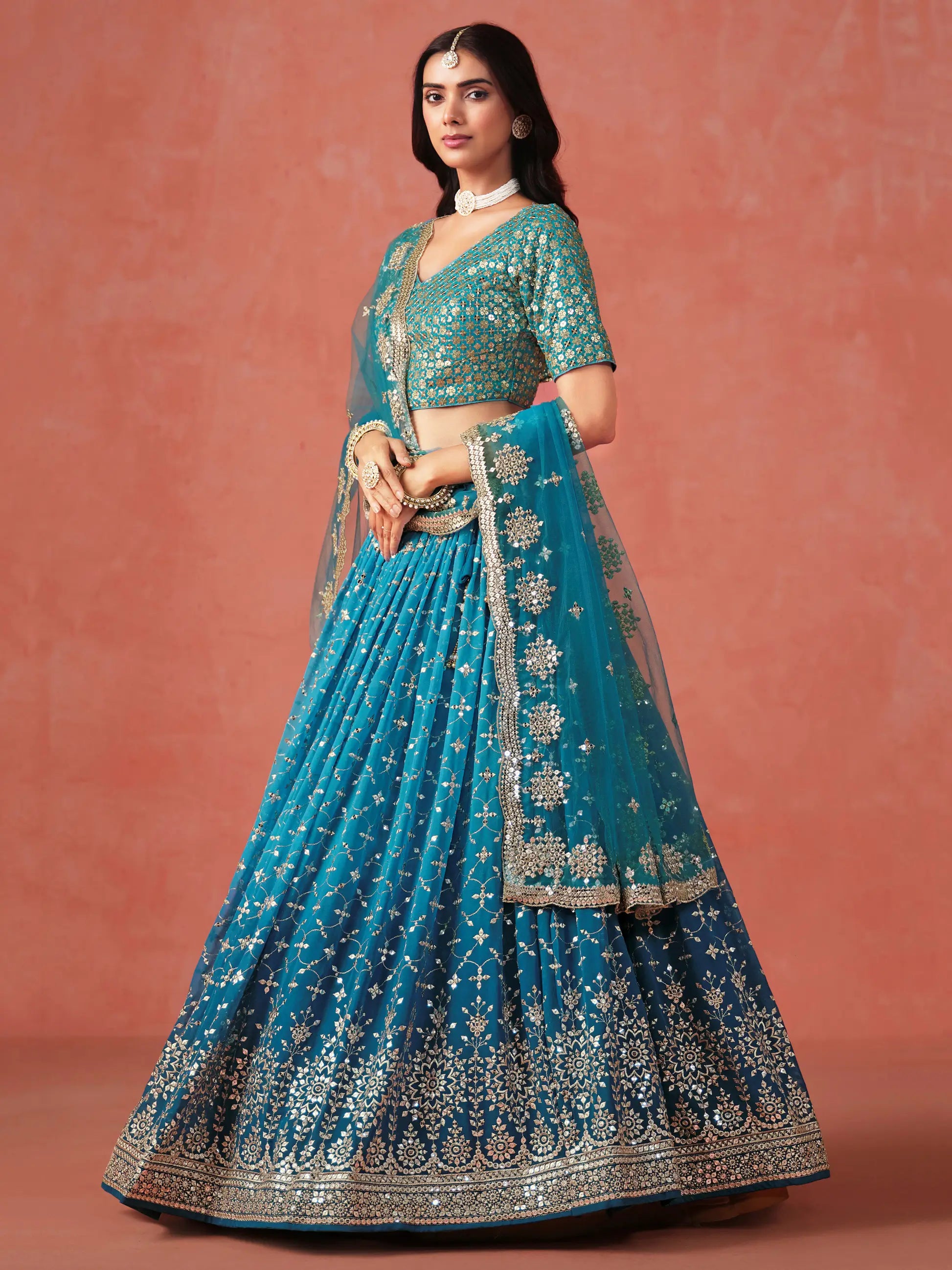 Rama Blue Georgette Lehenga With Zari Multiple Sequins Embroidery Work - qivii