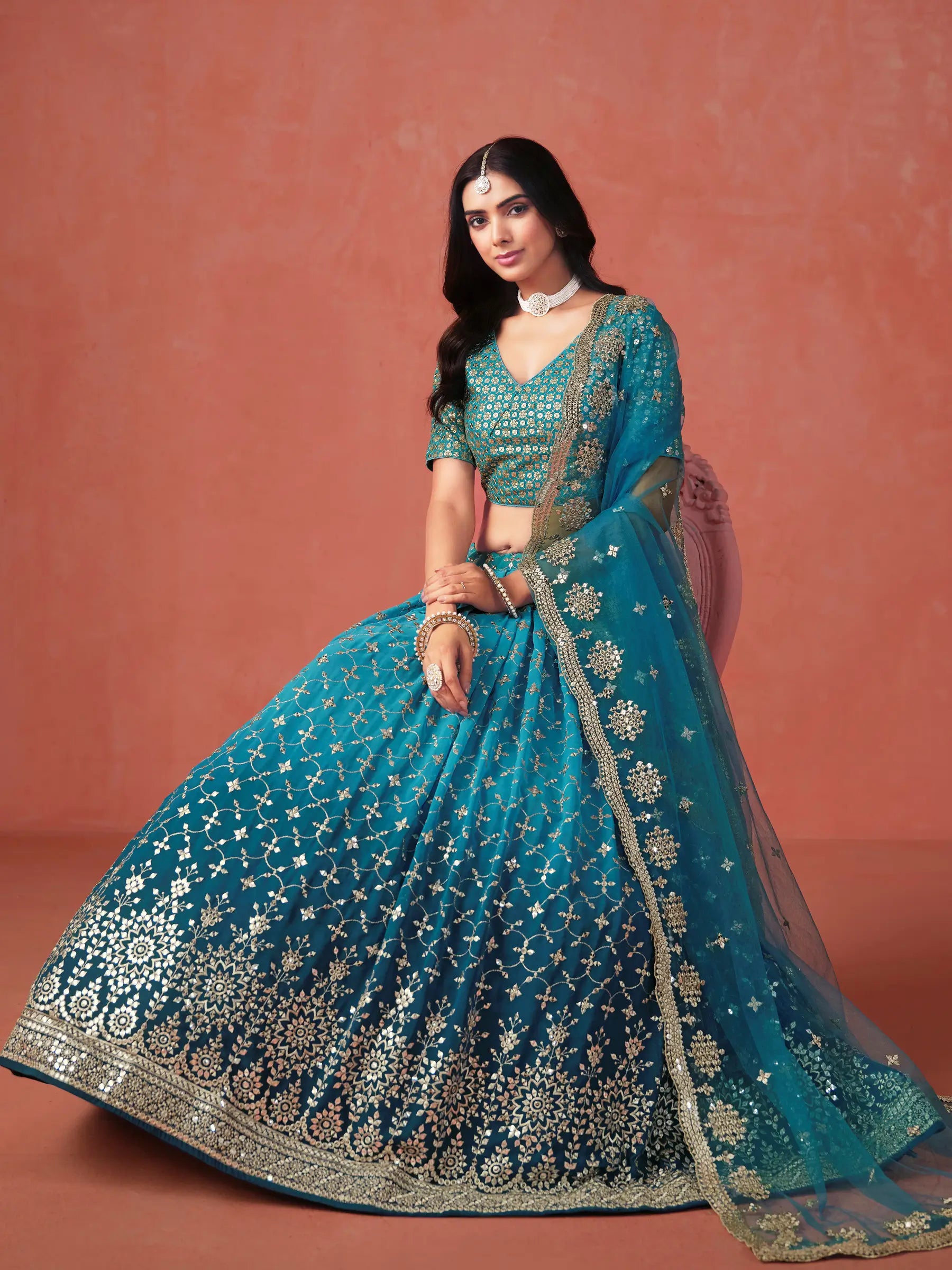 Rama Blue Georgette Lehenga With Zari Multiple Sequins Embroidery Work - qivii
