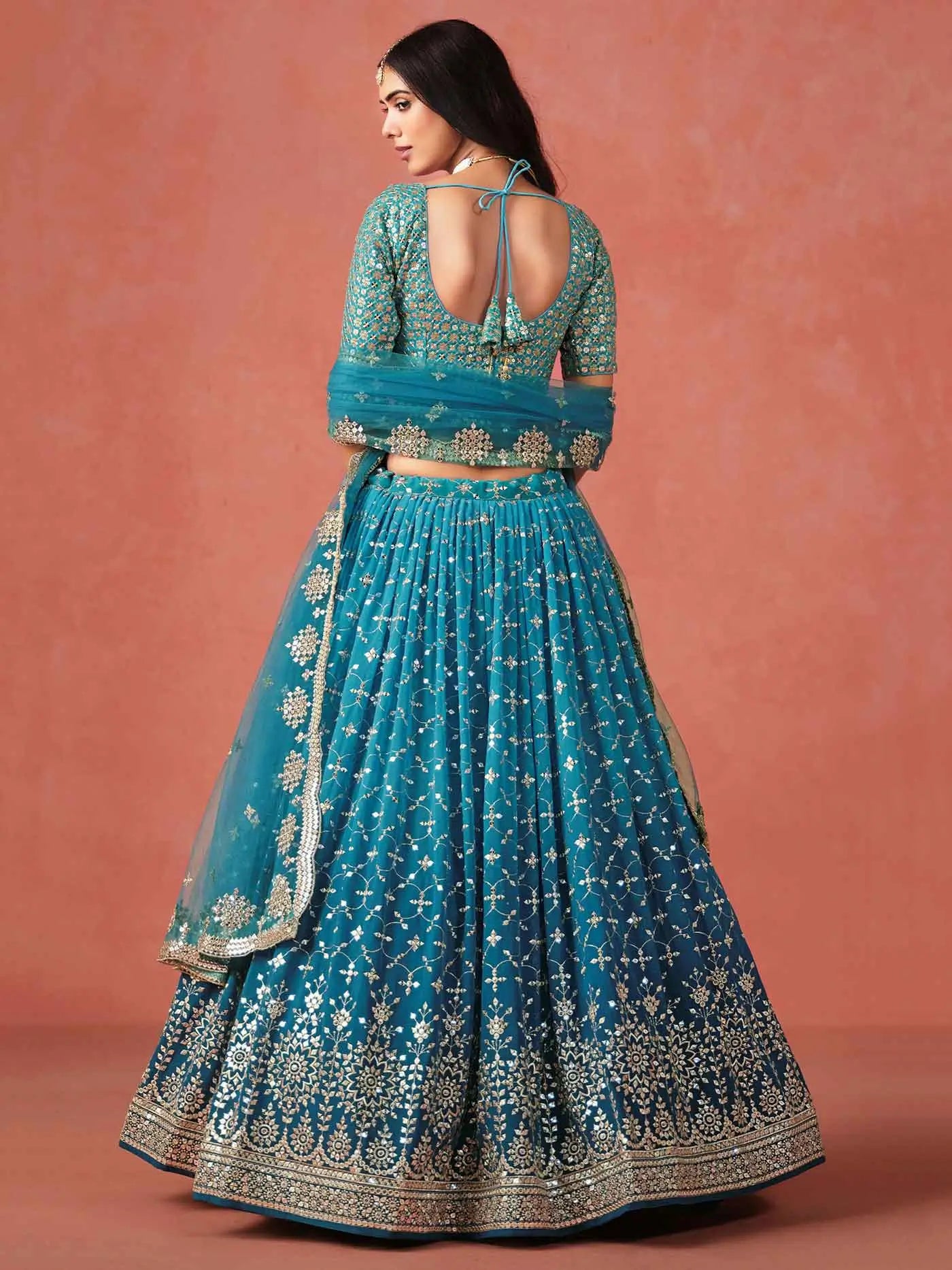 Rama Blue Georgette Lehenga With Zari Multiple Sequins Embroidery Work - qivii