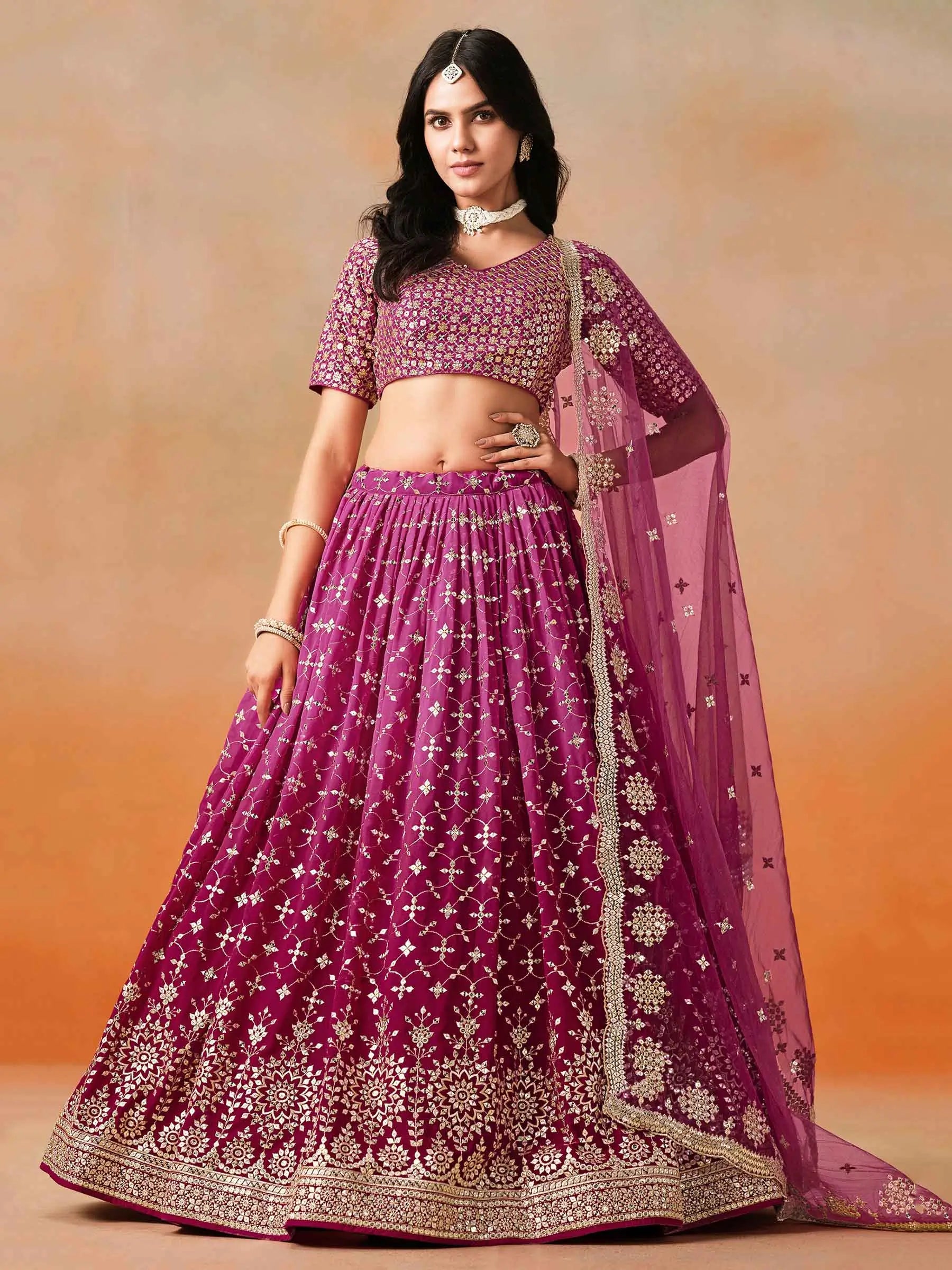 Red Pink Shade Georgette Lehenga With Zari Sequins Embroidery Work - qivii