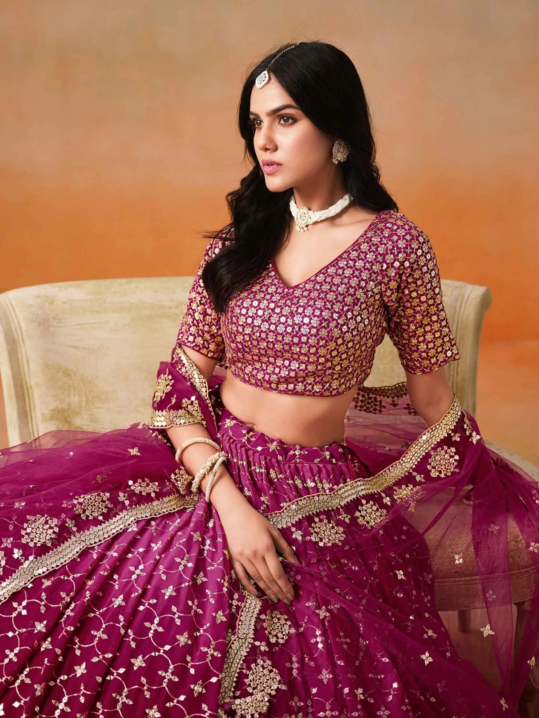 Red Pink Shade Georgette Lehenga With Zari Sequins Embroidery Work - qivii