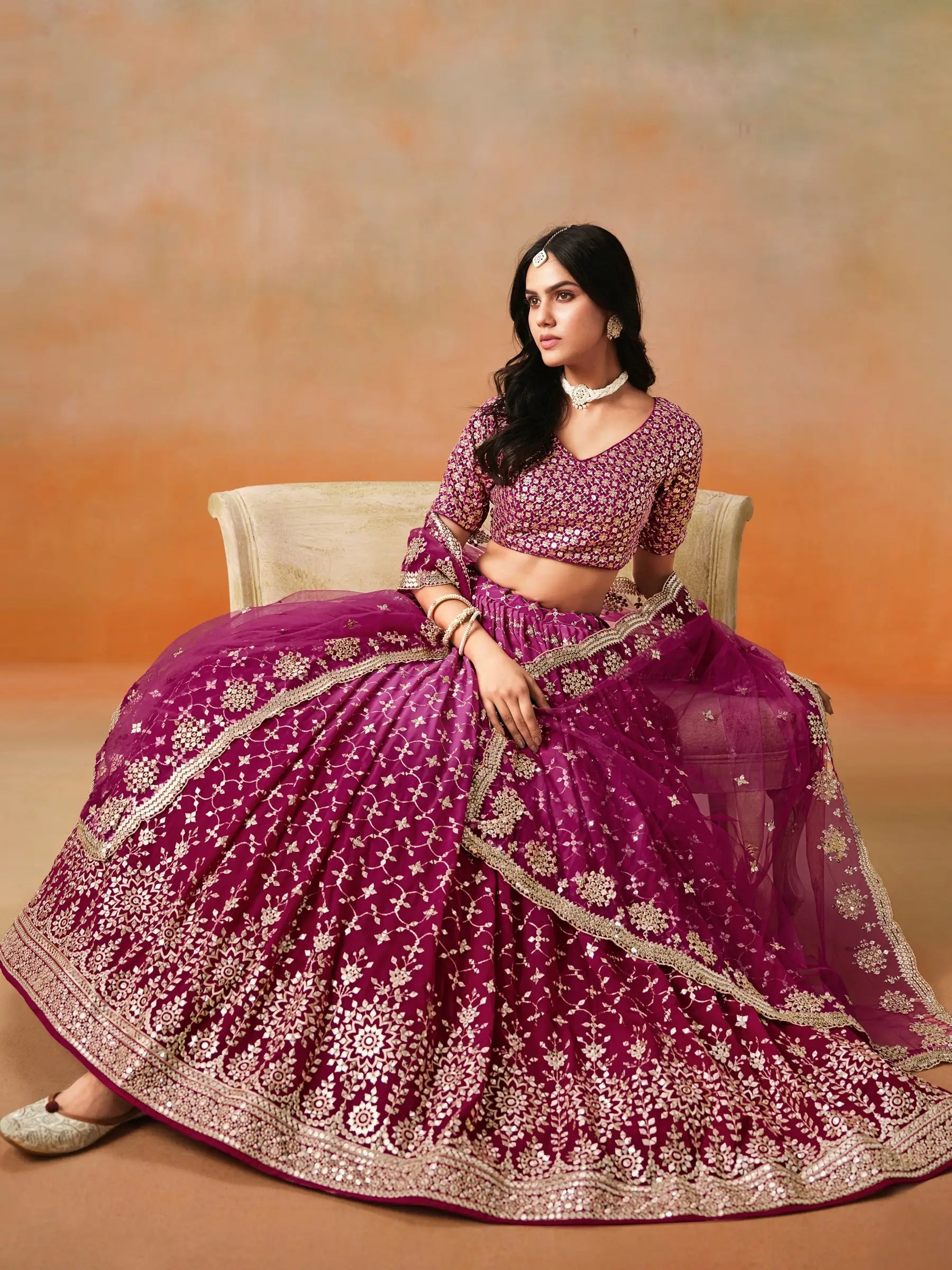Red Pink Shade Georgette Lehenga With Zari Sequins Embroidery Work - qivii