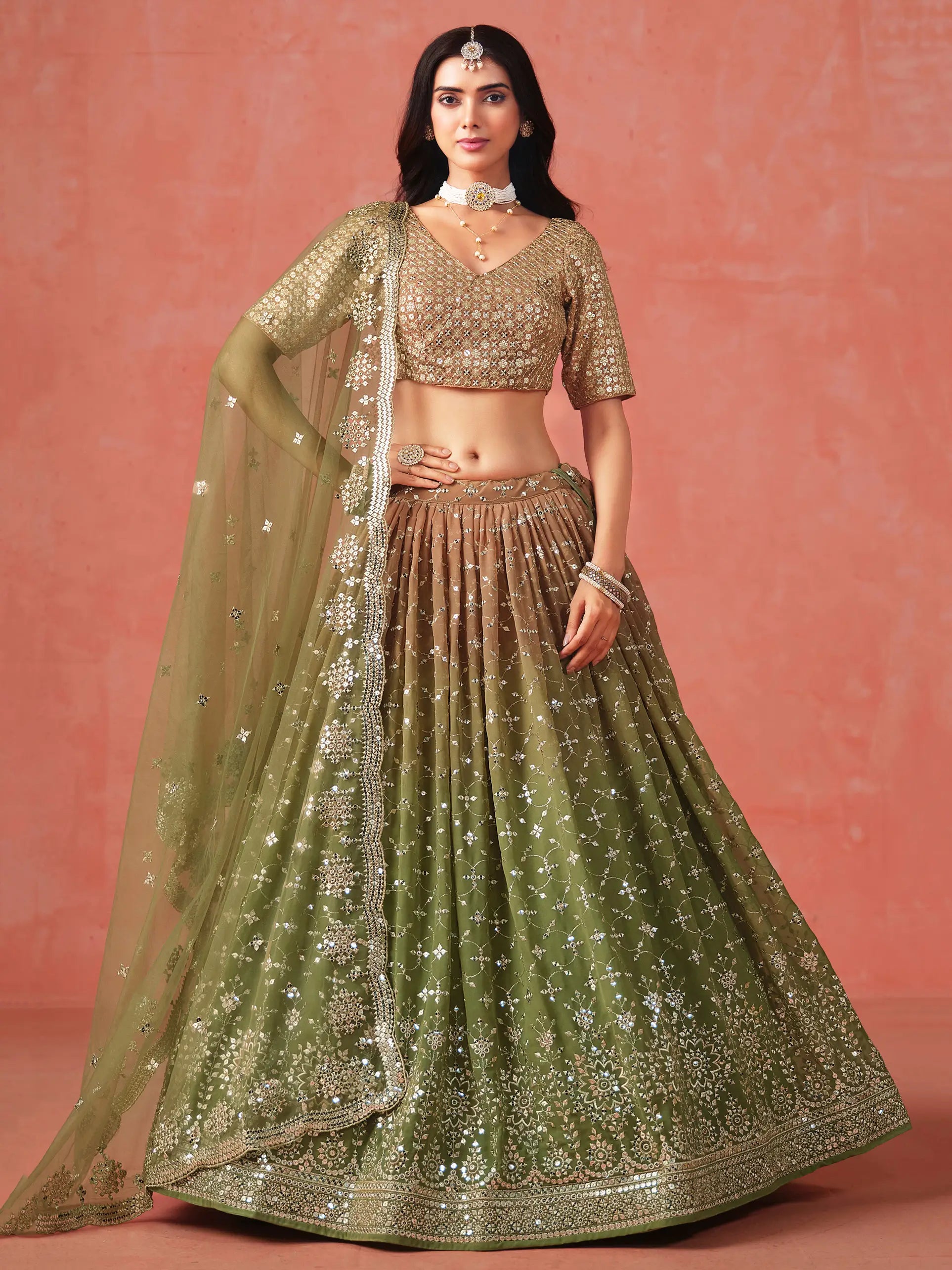 Mehndi Green Gradient Georgette Lehenga With Zari Sequins Embroidery Work - qivii