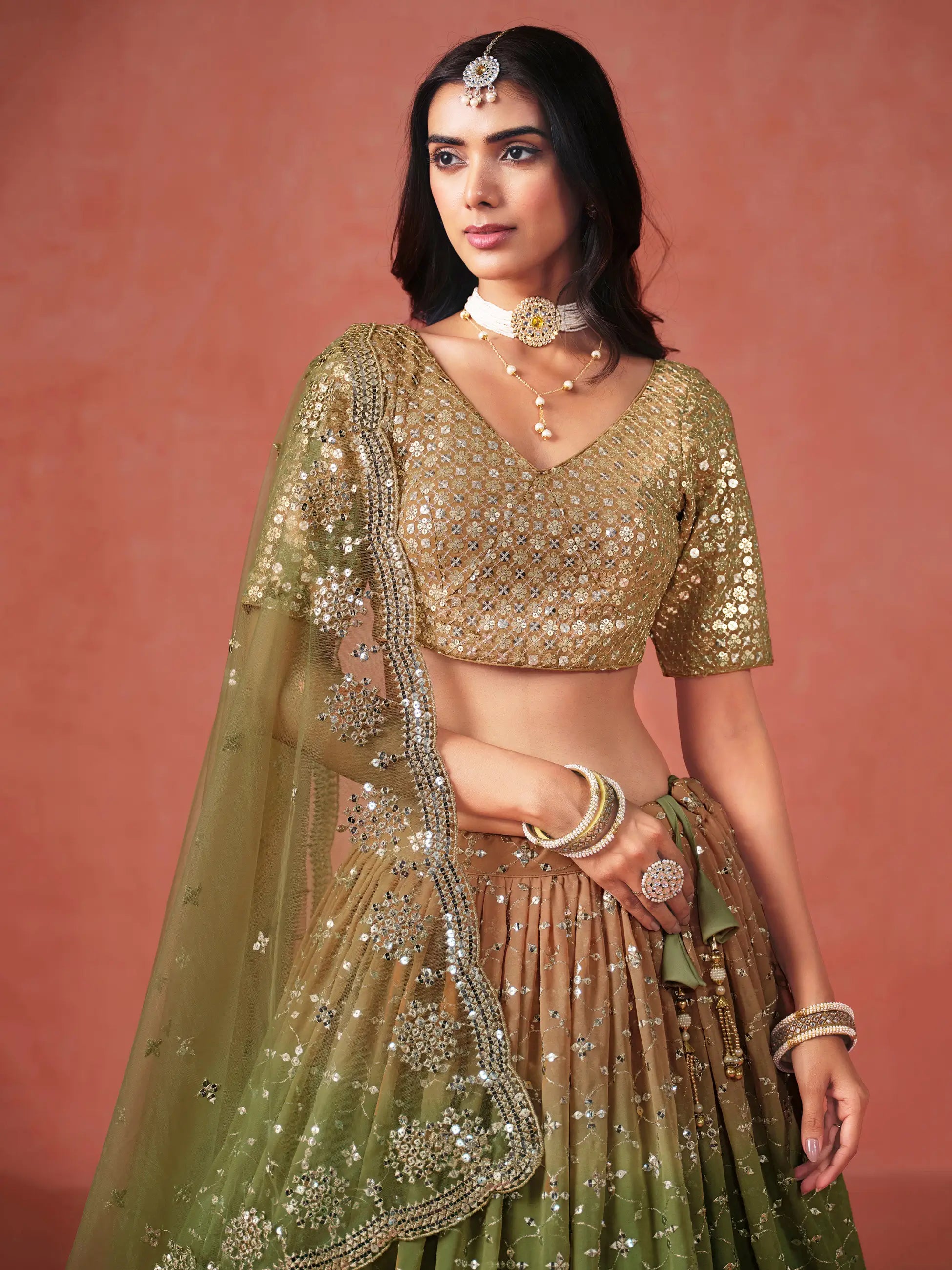 Mehndi Green Gradient Georgette Lehenga With Zari Sequins Embroidery Work - qivii