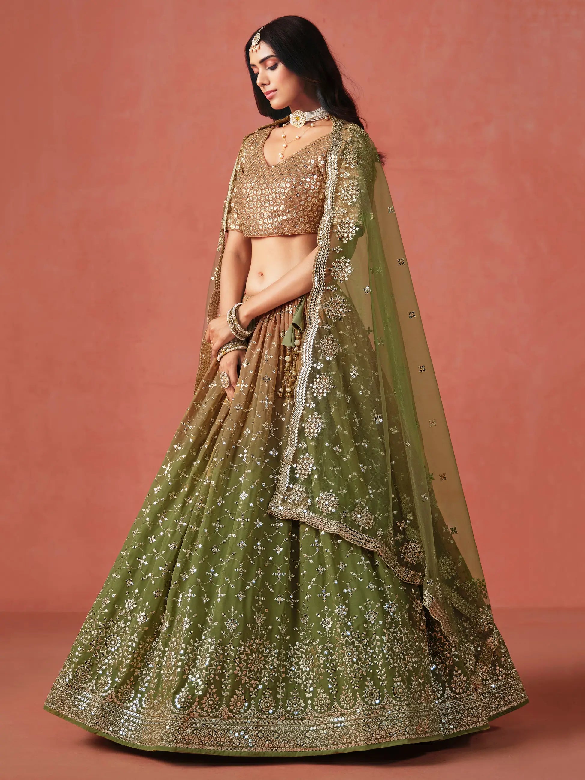 Mehndi Green Gradient Georgette Lehenga With Zari Sequins Embroidery Work - qivii